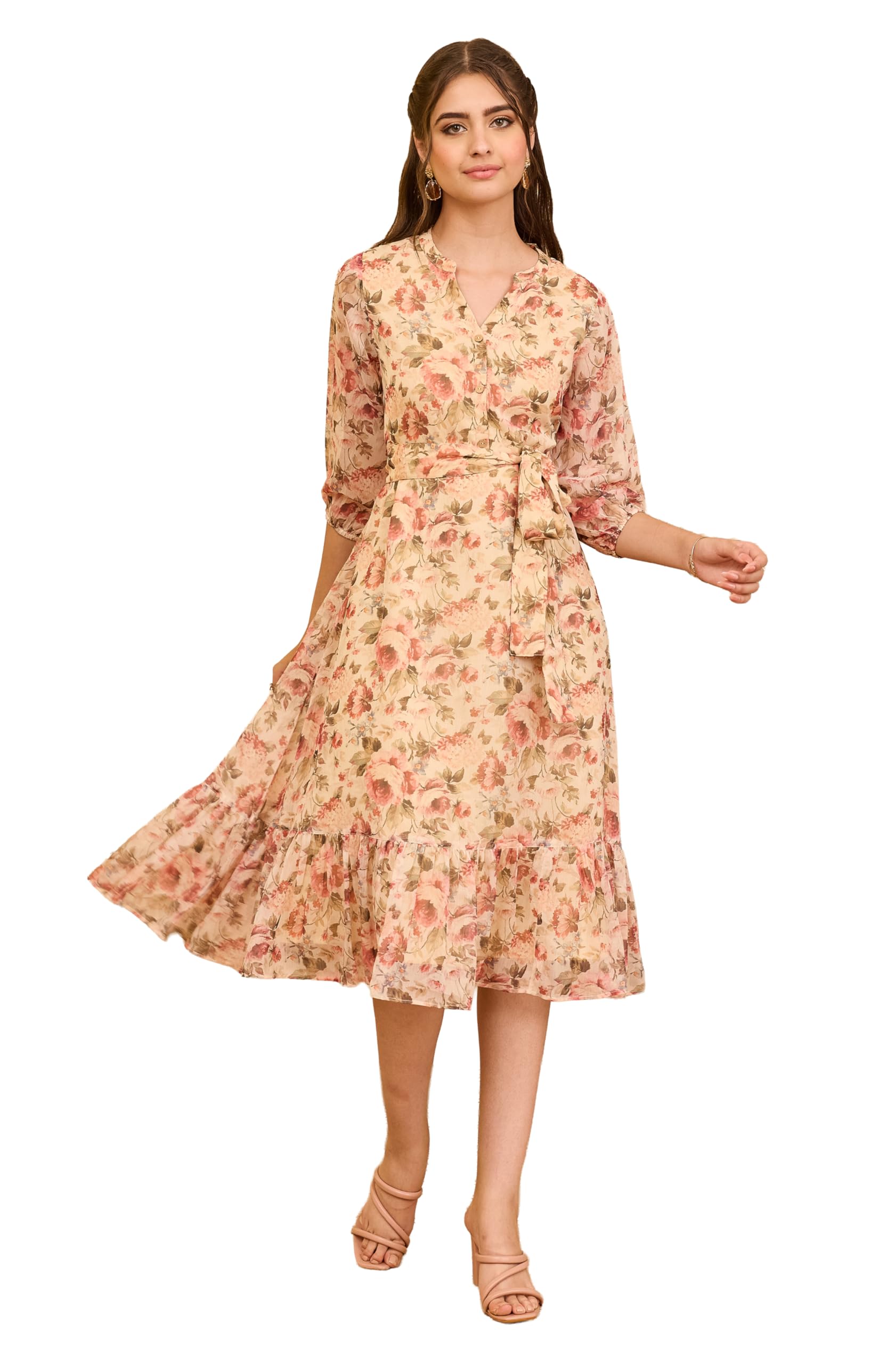 janasya Women's Beige Chiffon Floral Printed Fit & Flare Dress-picture-38