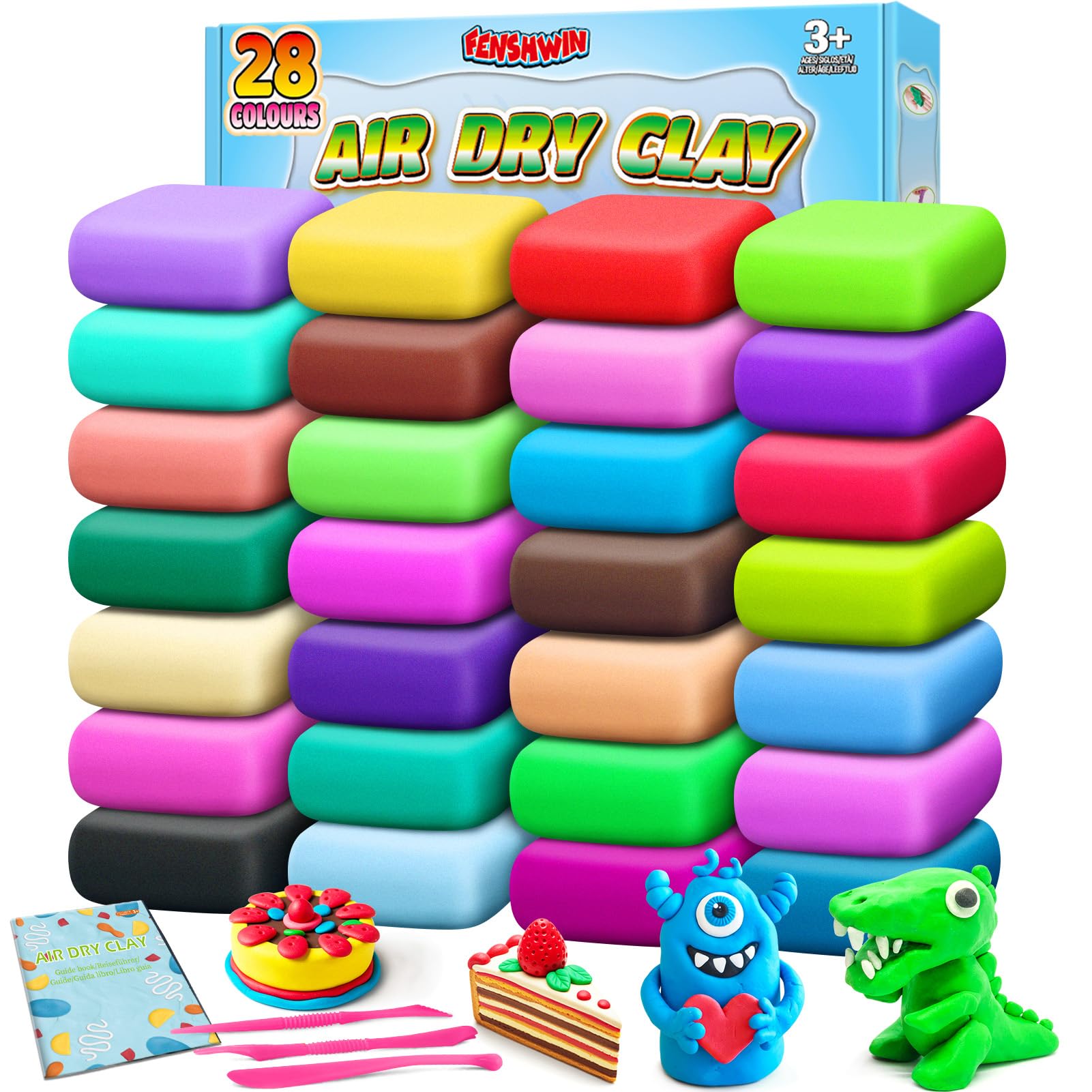 Modelliermasse Lufttrocknend, 28 Farben Lufttrockener Magischer Knete für Kinder, Air Dry Clay Geschenk für Jungen und Mädchen im Alter von 3-12 Jahren
