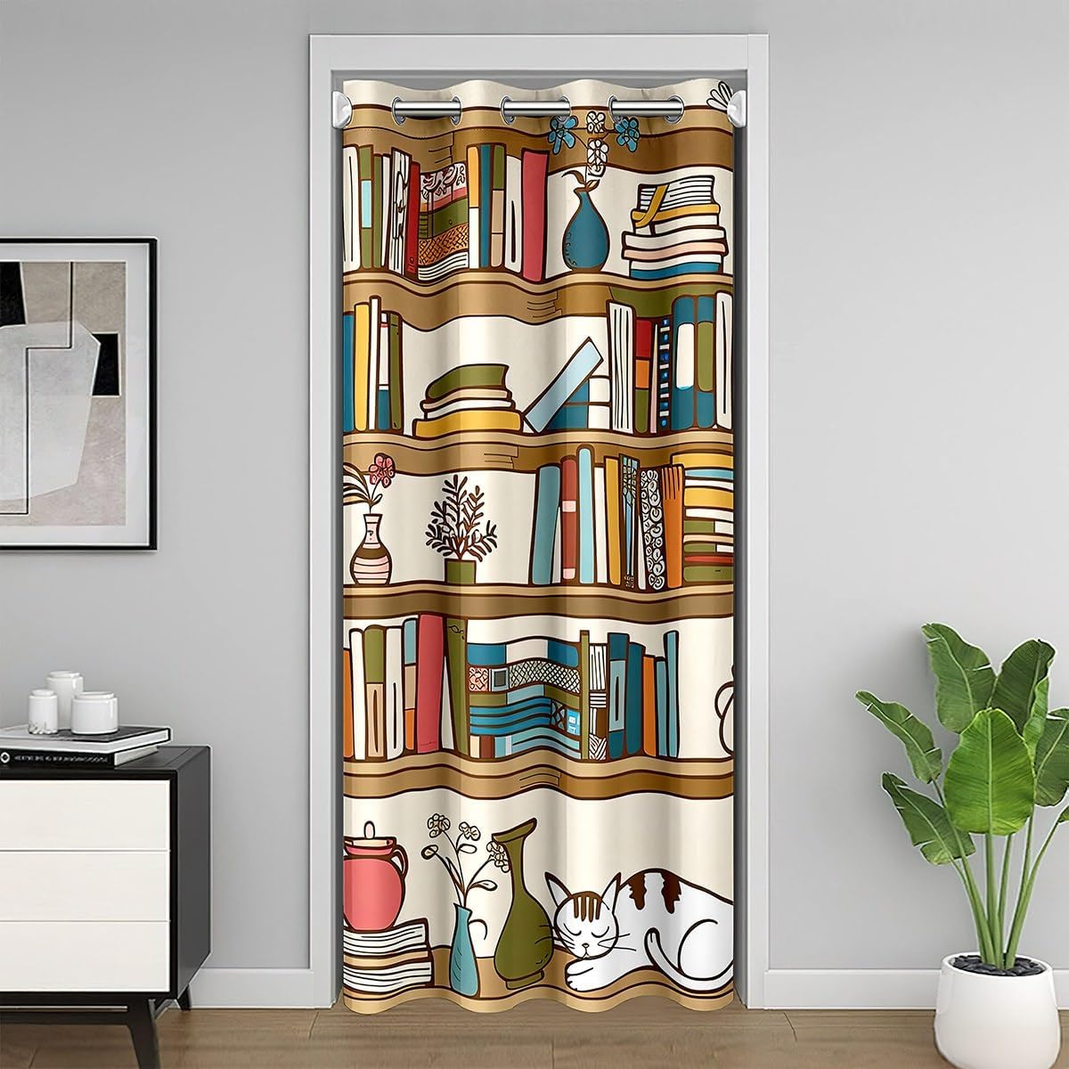 Erosebridal Bookshelf Door Curtains for Doorways Privacy,Cartoon Bookcase Blackout Curtain 34" W X 80" L,Cartoon Cat Closet Curtain,School Library Door Drape,Academic Books Closet Door Cover Curtain