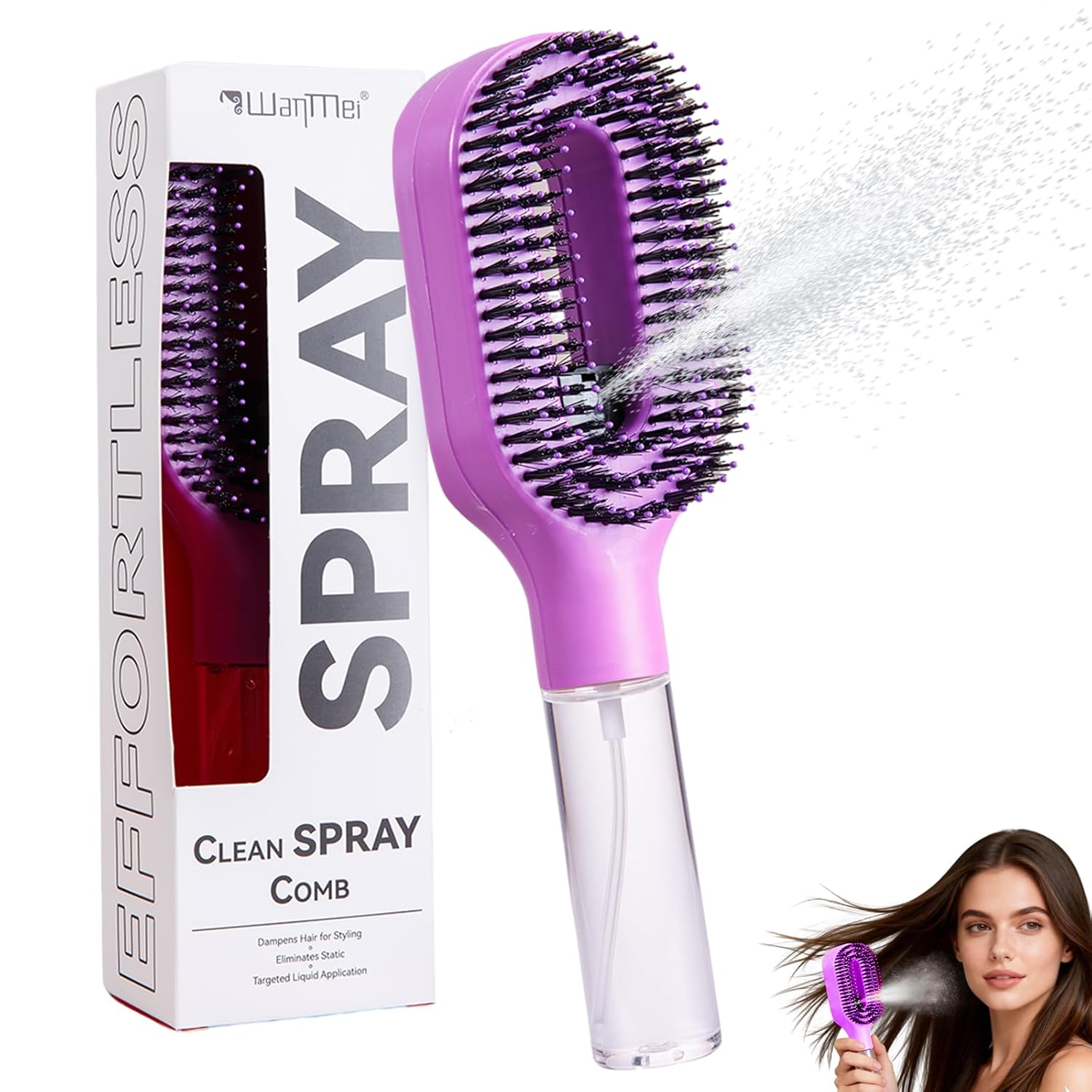 Hair Brush with Water Spray Mister - 2-in-1 Detangling Brush with Built-in Fine Mist, Portable Wet & Dry Styling Tool for Smooth, Frizz-Free Hair - Quick Refresh for Women & Girls On-The-Go(1 Purple)