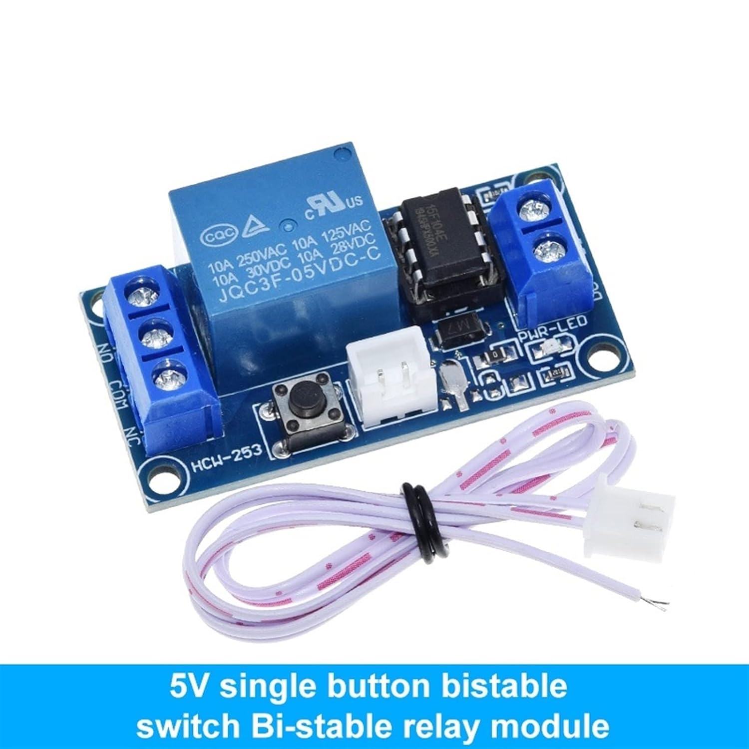 Close-up of the 5V ADMIO relay module showing the single button