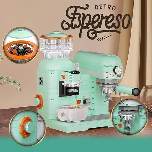 Miniatura 5 de Juego de construcción de juguete para máquina de café con luces para adultos, bloques de construcción retro para decoración de oficina y hogar (no