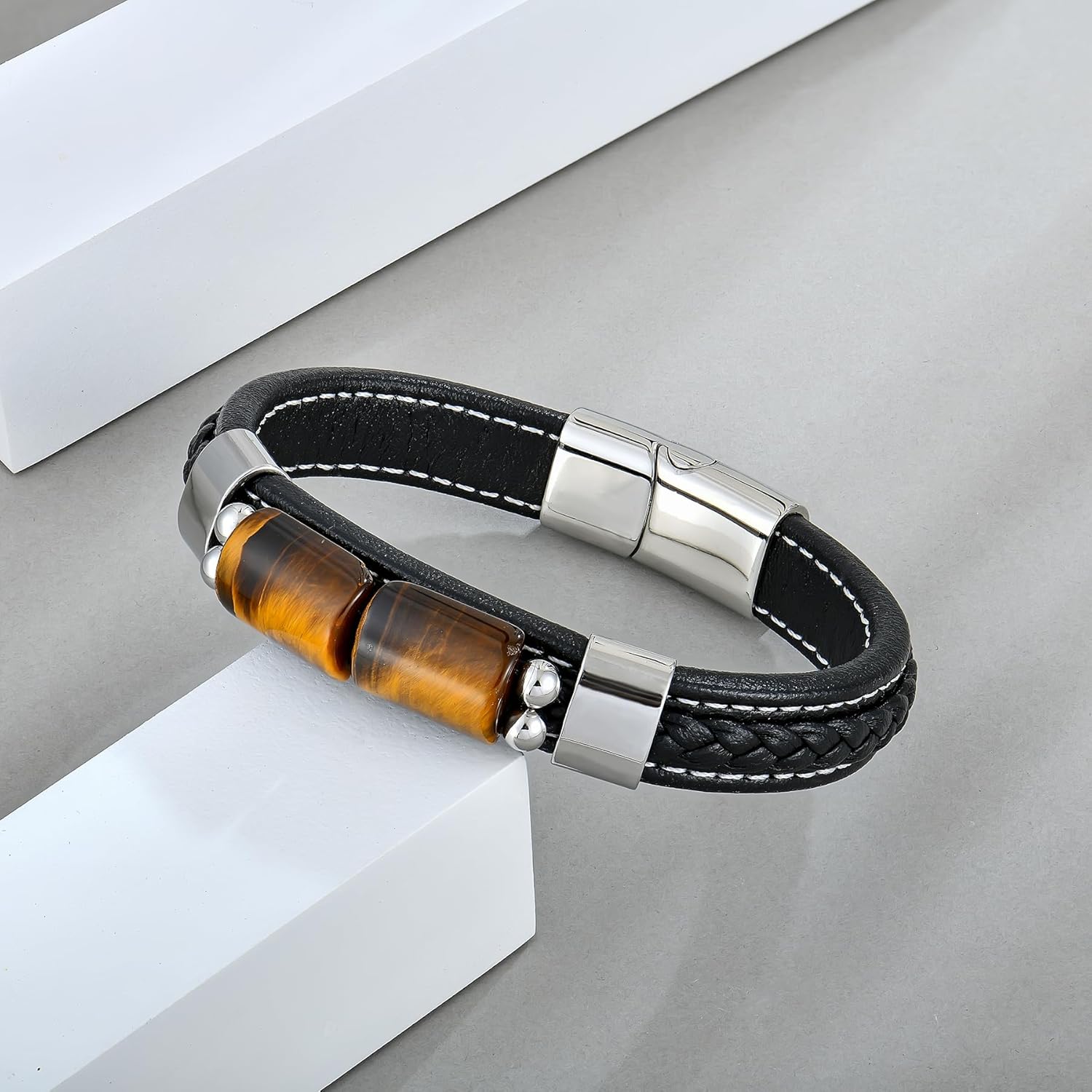 STARCHENIE Multi Strand Bracelet for Men Square Authentic Tiger Eye Black Braided Leather Mens Bracelet and Stainless Steel Buckle