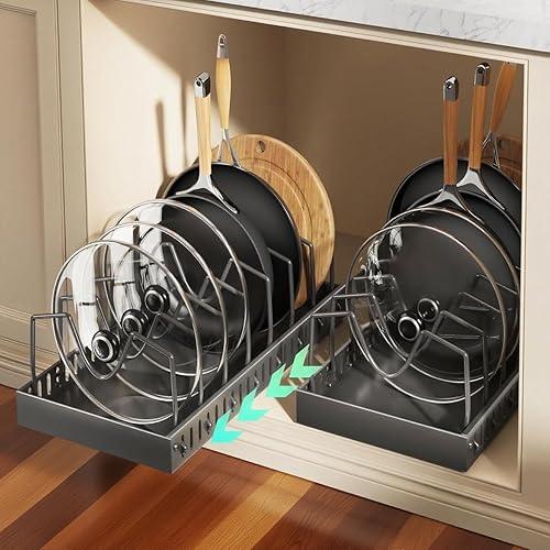 Pull Out Pots and Pans Organizer Under Cabinet - 2 Pack Black, Sliding Lid Holder & Pan Rack with 8 Adjustable Dividers, Easy Access Kitchen Storage for Lids, Bakeware, Dishes (Tool-Free Installation) - 2-pack