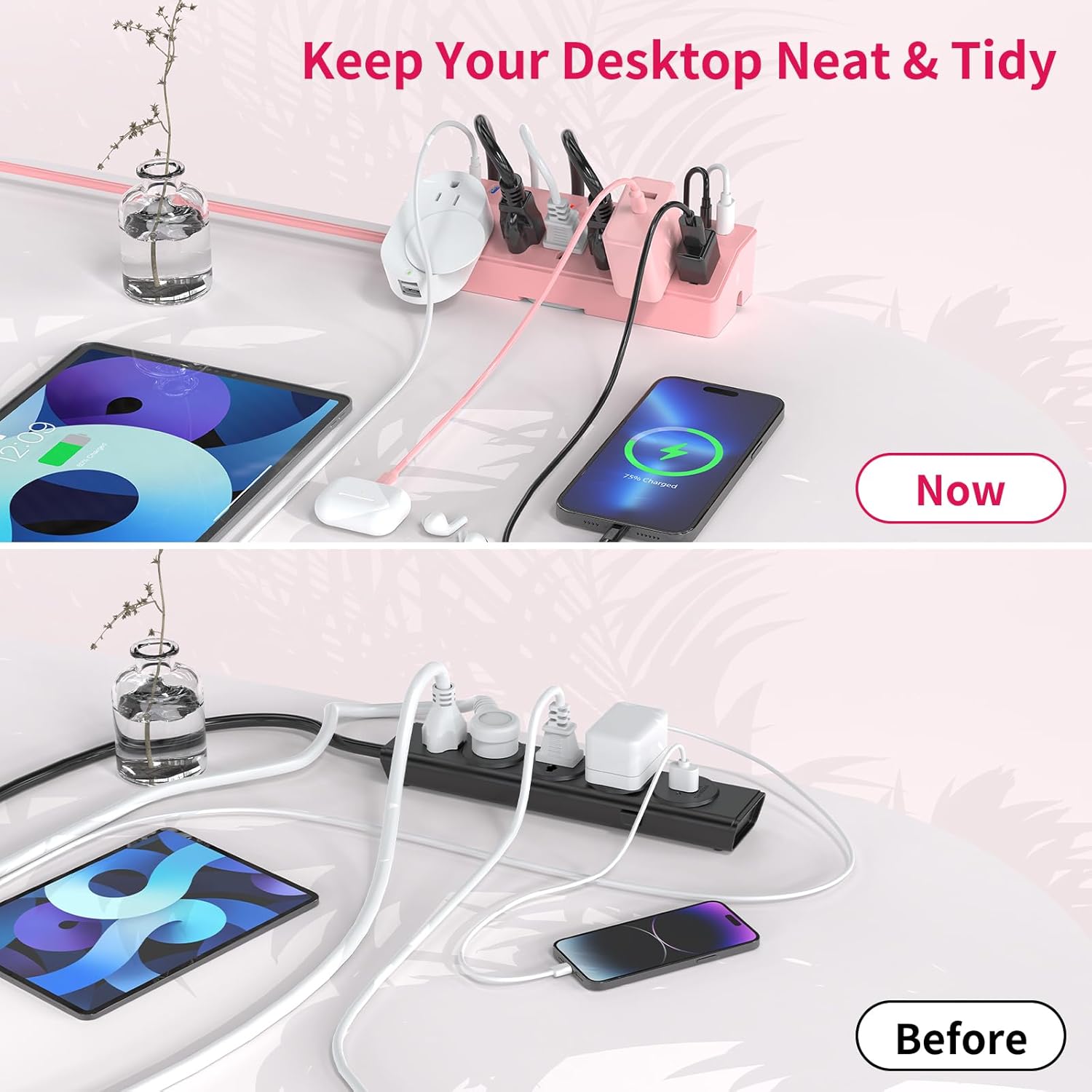 Desk Clamp Power Strip 6FT with 40W USB C Ports, JXGUCAT Flat Plug Desk Mount Power Strip Surge Protector, Removable Extension Cord with 2 USB-C Ports 6 Outlets, Fits 1.8" Tabletop Edge, Pink