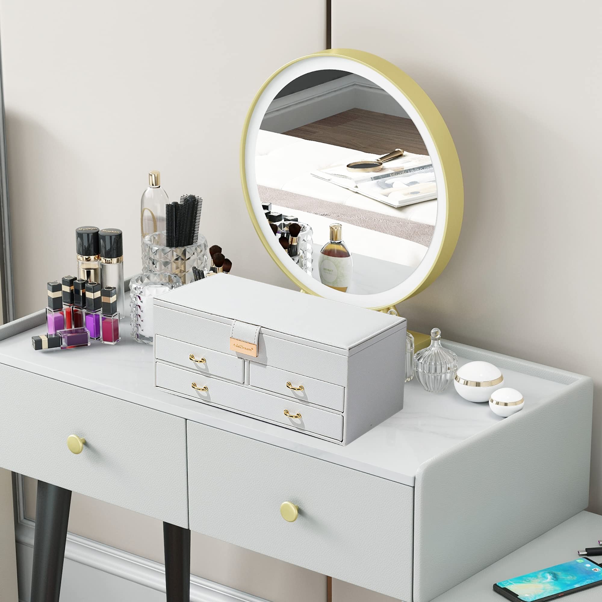 ADEL DREAM Portagioie a 3 Livelli con Fibbia in Oro Rosa Custodia per Gioielli in Pelle PU Regalo in Morbido Velluto per I tuoi Cari e Amici Bianco