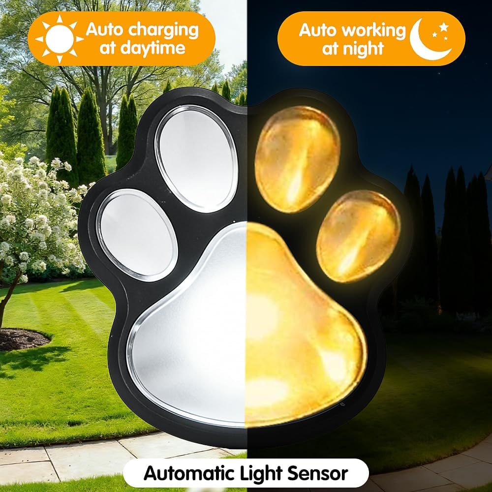 Pack of 6 Solar Floor Lights, Outdoor LED Solar Lights for Outdoors, Solar Powered Paw Print Garden Lights, Decorative Garden Lighting for Lawn, Patio, Balcony, Driveway & Walkway, Warm White