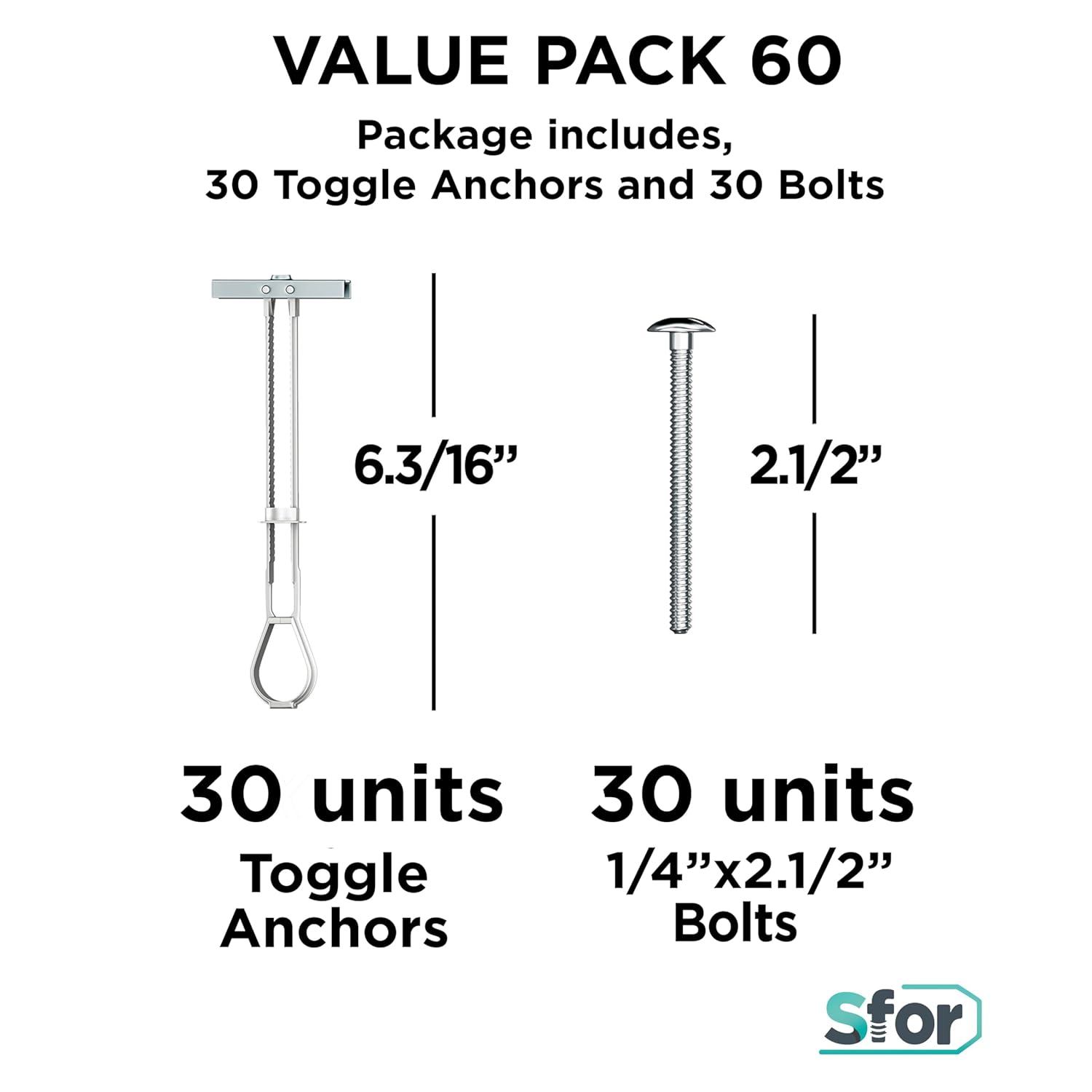 Pack of 60-30 Anchors + 30 Bolts - SFOR - 1/4" Toggle Anchor with Bolts - Drywall Anchors, Drywall Bolts, Wall Anchors and Bolts for Drywall, Anchors with Phillips Self Tapping Heavy-Duty Bolts