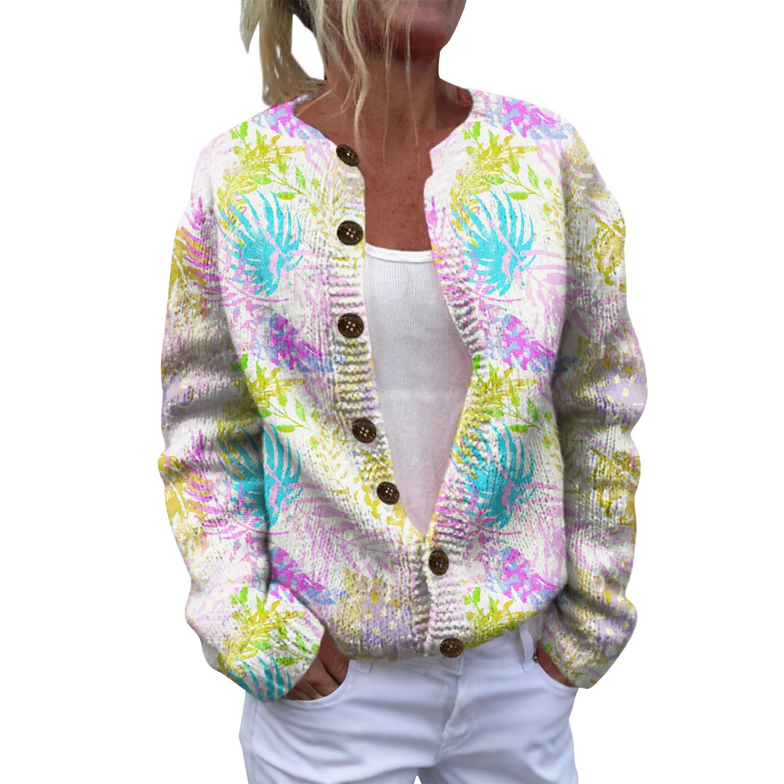Boho Floral Print Sweaters for Women Open Front Cardigan Long Sleeve Chunky Knit Sweater Button Up Fall Trendy