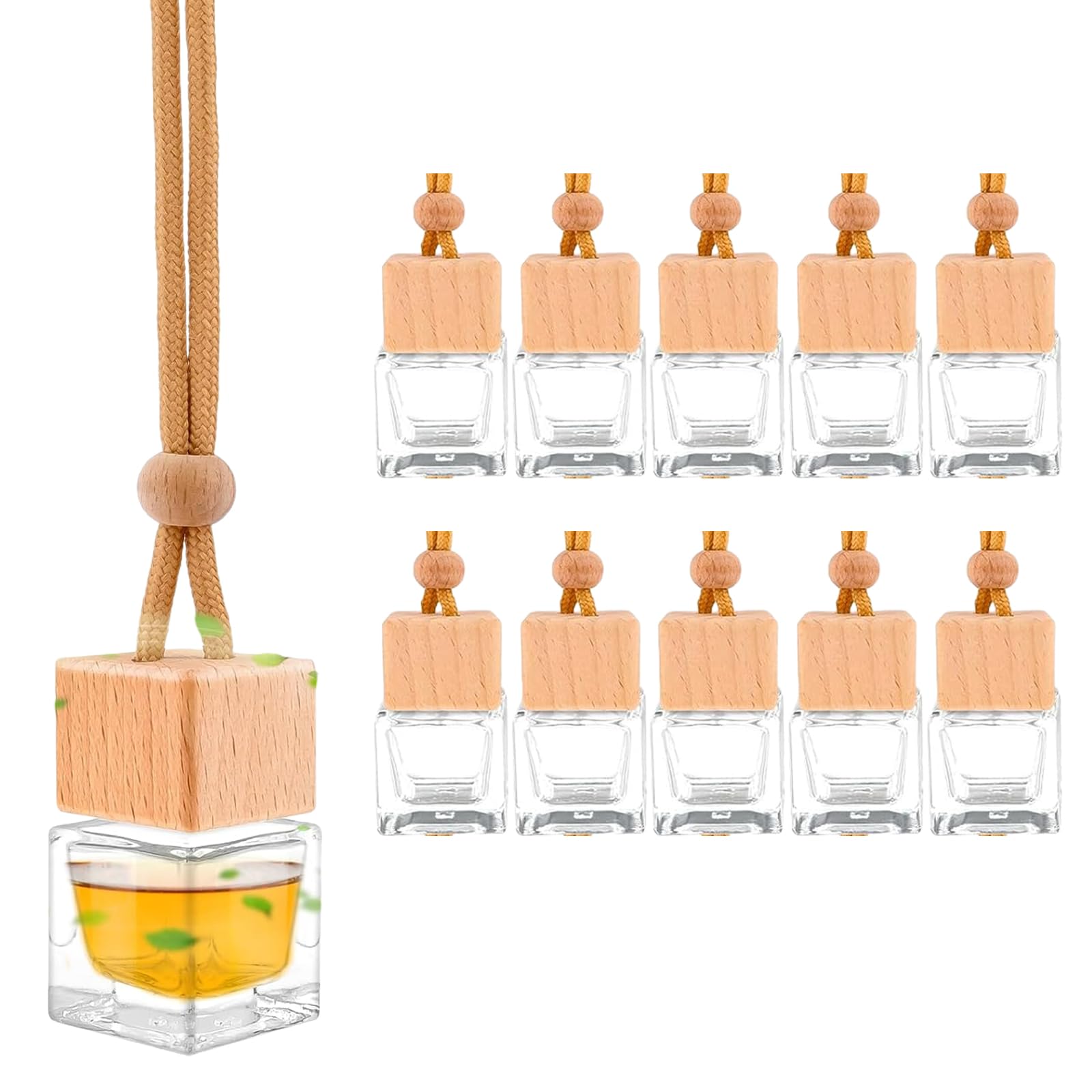 8ML Hanging Car Air Freshener Diffuser, Empty Glass Bottles with Wooden Lids, Refillable Essential Oil Diffuser with Adjustable Lanyard for Car Home DIY(10 Pack)