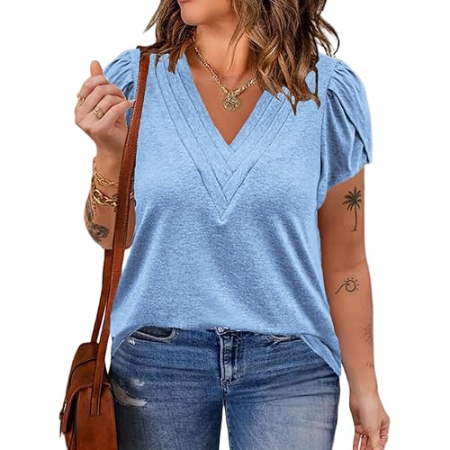 VISLILY Womens-Plus-Size-Summer-Tops Casual Petal Short Sleeve T Shirts Trendy V Neck Blouses Flowy Dressy Tunics XL-5XL