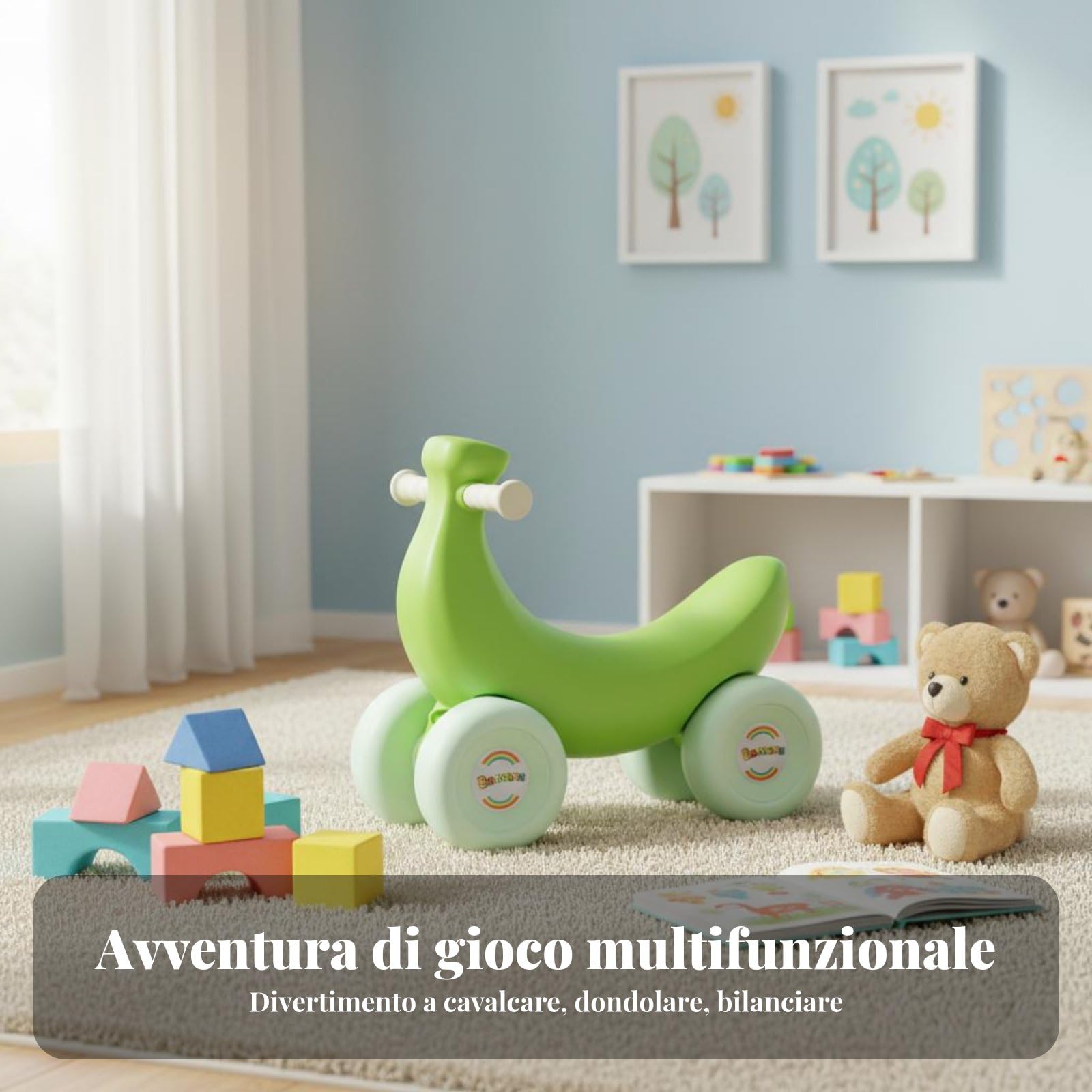 Cavallo a Dondolo per Bambini con Struttura a Ruote Stabili E Seduta a Forma in Plastica HDPE Adatta per Giochi in Casa E Sviluppo Equilibrio, Giallo