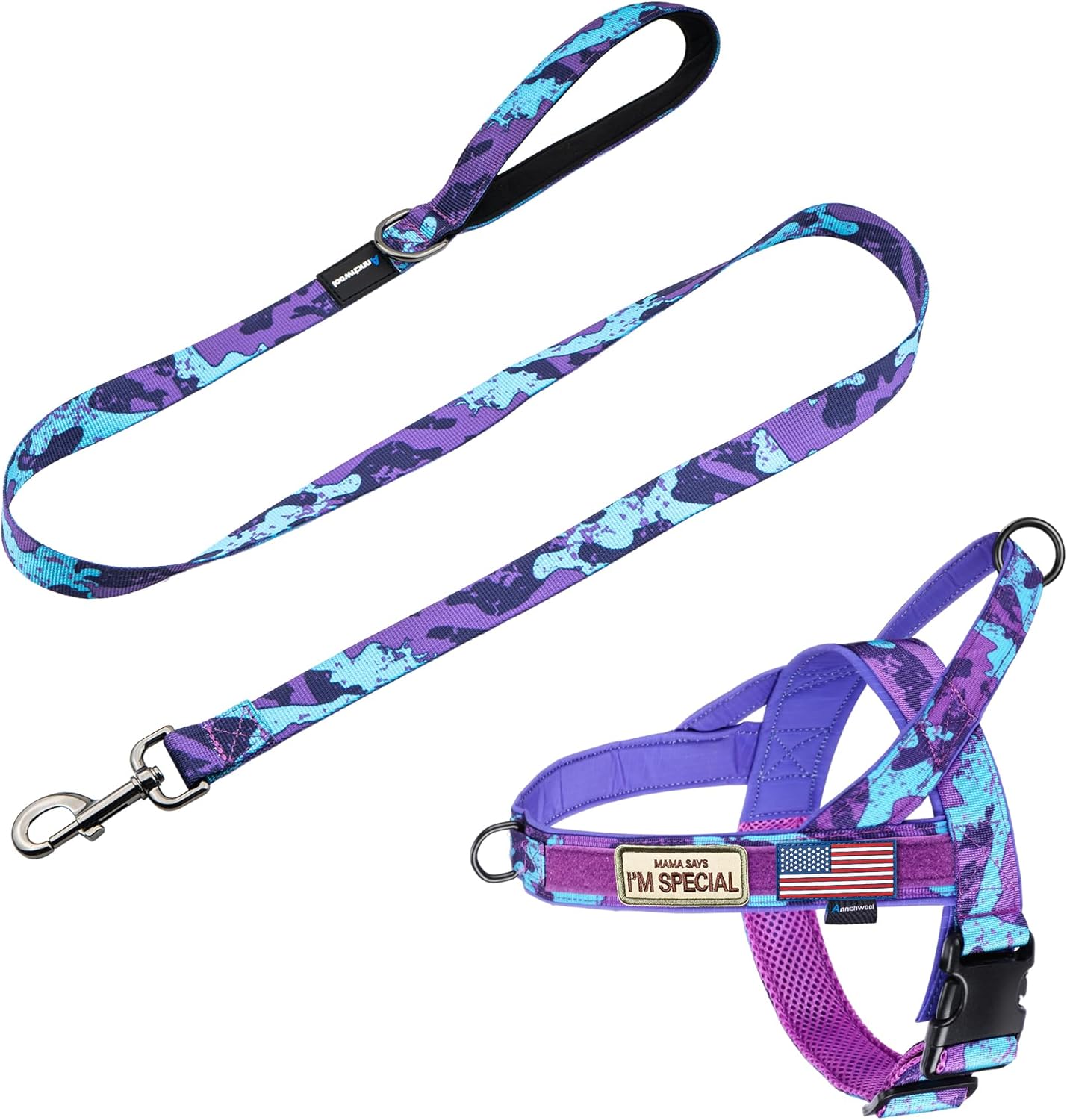 Annchwool No Pull Dog Harness with Padded Handle+5 Ft Leash,Escape Proof and Quick Fit to Adjust Dog Harness,Easy for Training Walking for Small & Medium and Large Dogs(Camo Purple Set,L)