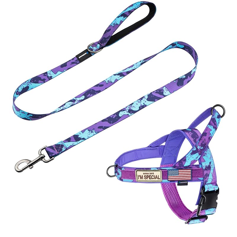 Peitoral para Cães em Nylon com Alça Acolchoada e Guia de 1,52 m Annchwool, Conjunto Camo Purple, Tamanho L