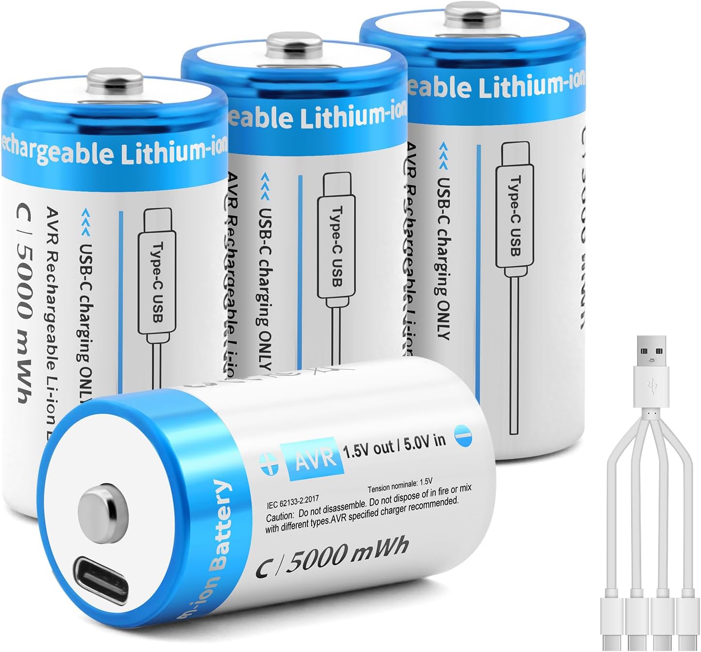 Rechargeable Lithium C Batteries 4 Pack with 4 in 1 USB-C Charging Cable