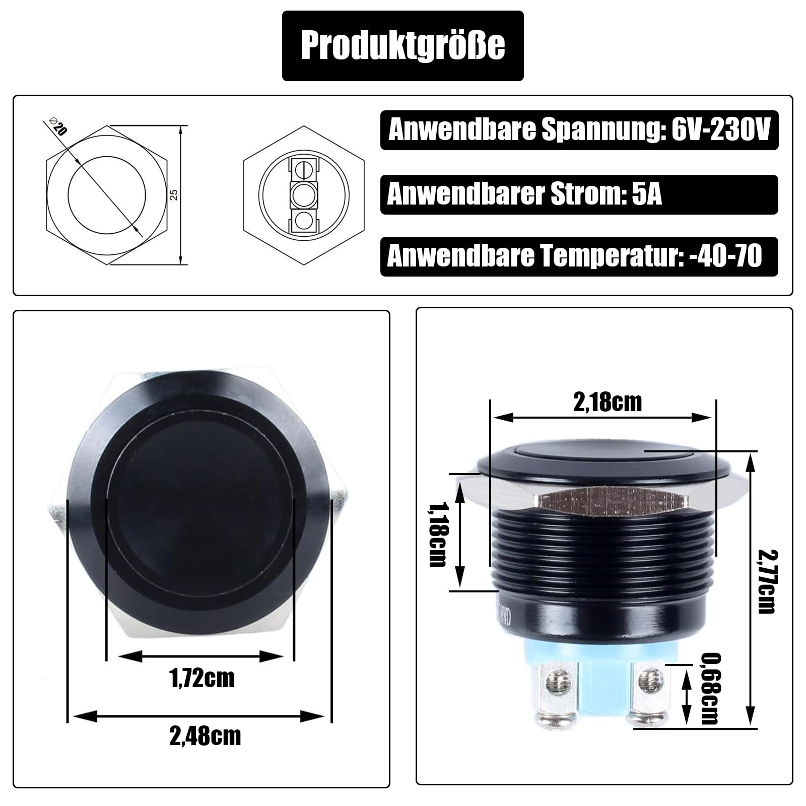 Powice 2X 22mm Przycisk Wodoszczelny Przełącznik Chwilowy ze Stali Nierdzewnej, Przełącznik Ciśnieniowy Przycisk 5A/12V/24V/110V/230V, Odpowiedni do Samochodów, Systemów Zapłonowych, Dzwonków do Drzwi