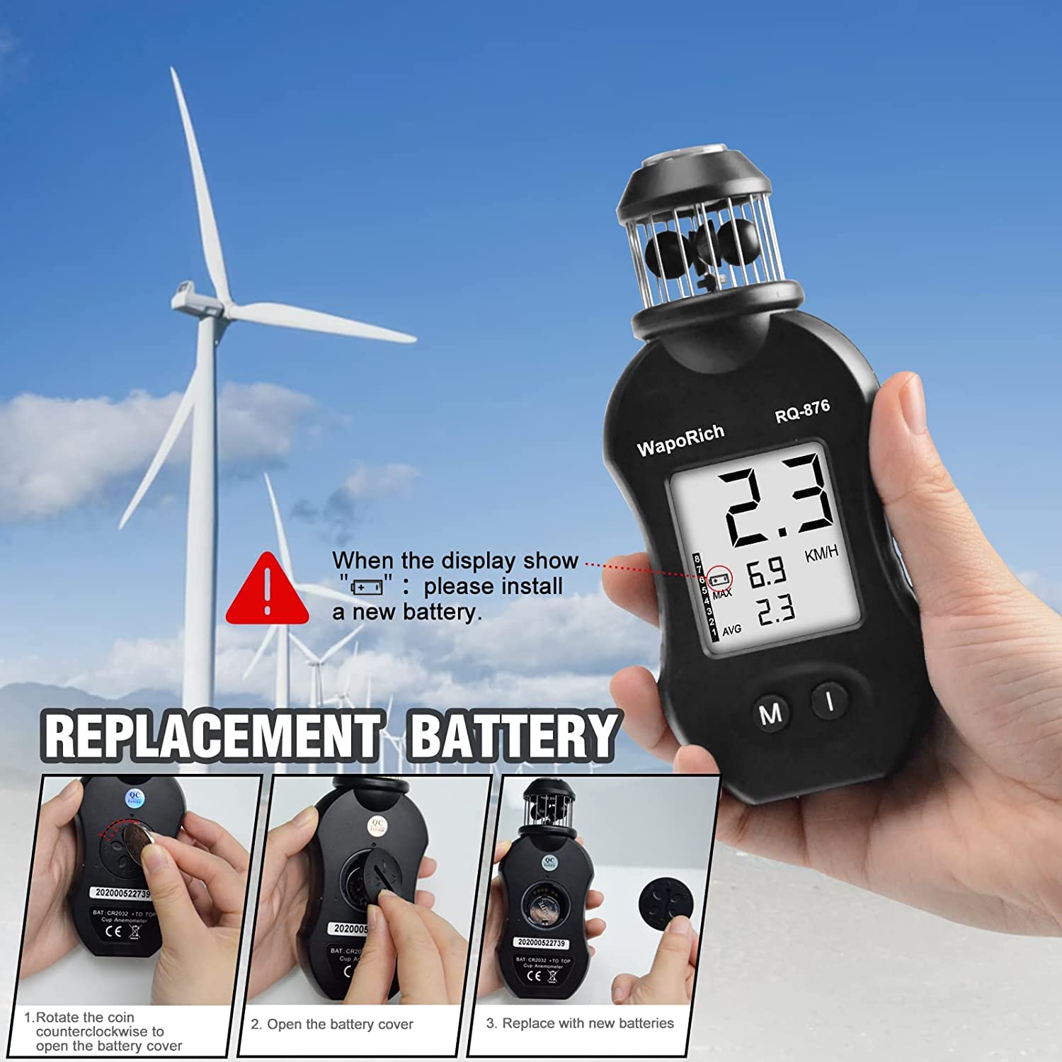 Anemometro a tazza a 360° portatile, WapoRich RQ-876 misuratore di velocità del vento con velocità del vento/temperatura del vento/test massimo/medio per HAVC, volo con drone, pesca, tiro