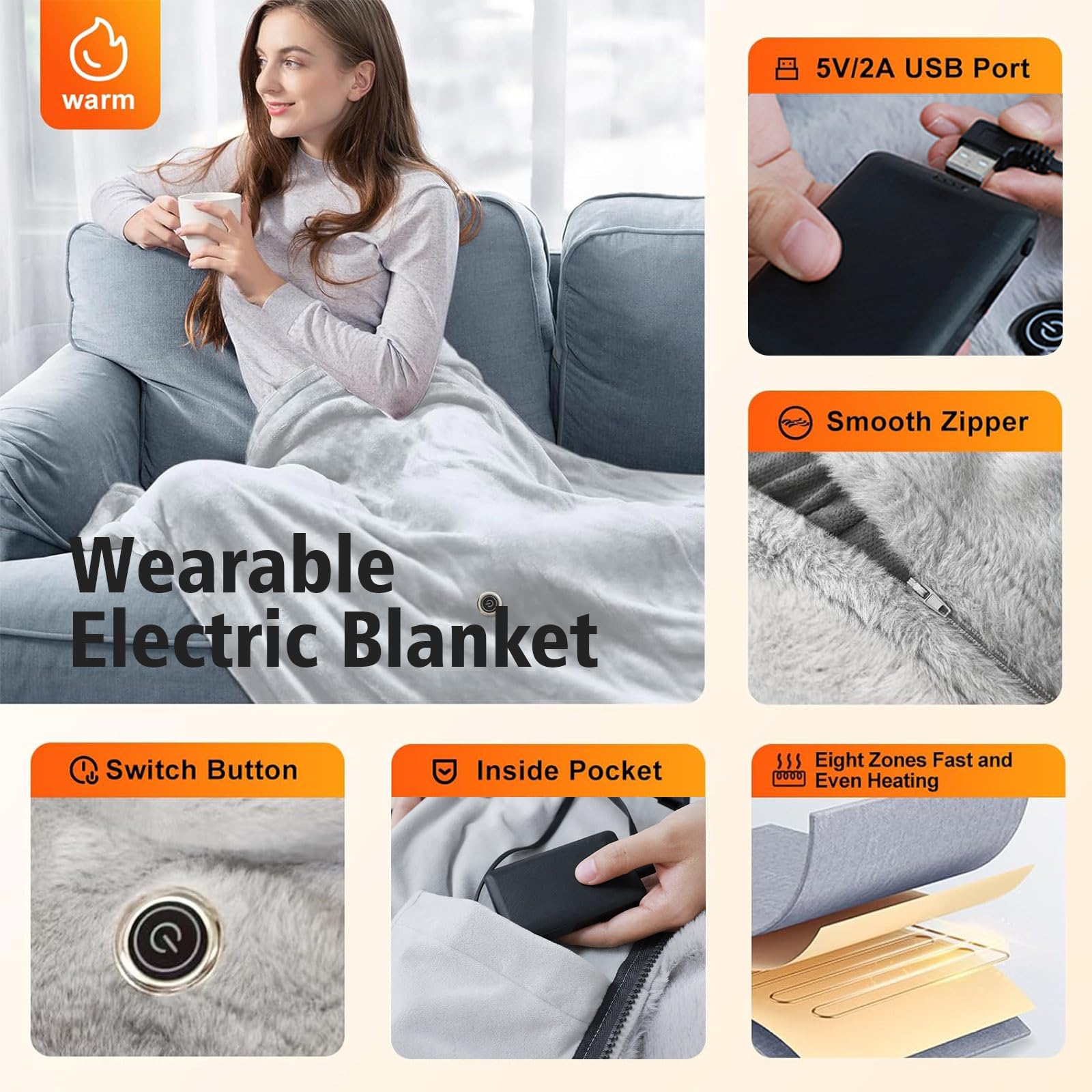 Couverture Chauffante USB, 3 Niveaux 40-60°C, 150x80cm