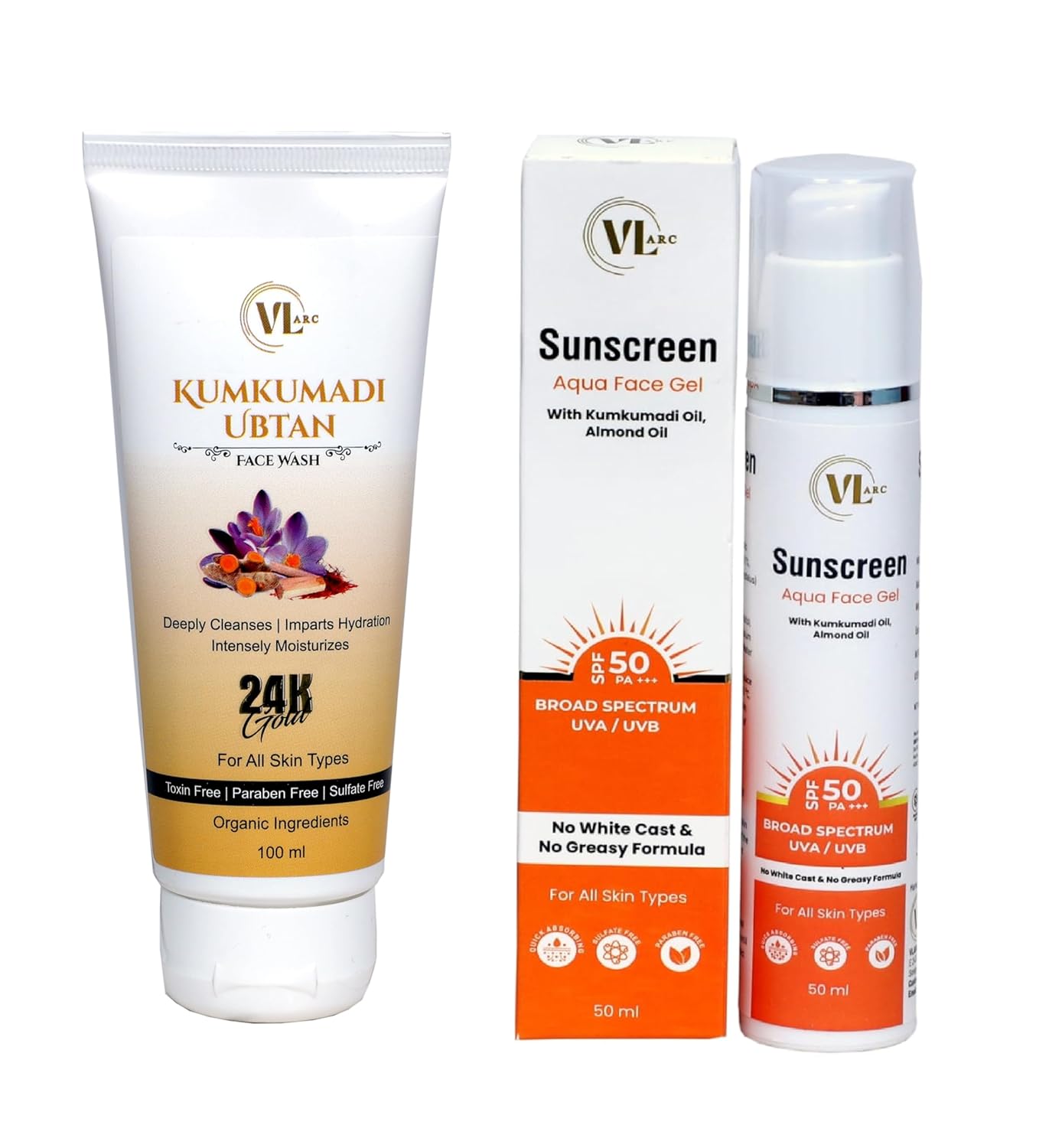 Vlarc Combo Of Kumkumadi Ubtan Face Wash 100ml & Sunscreen Aqua Face Gel With Spf 50+++pa Uva/uvb 50ml For Brightening Dark Spot Nourishment Dullness & Youthful Skin For Men & Women All Skin Type