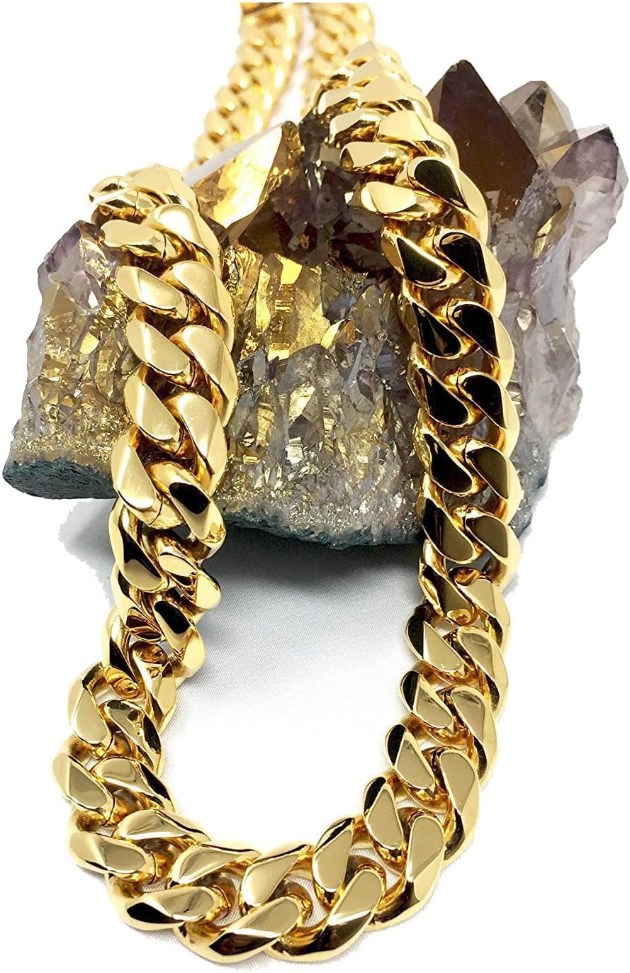 Hollywood Jewelry11MM Gold Cuban Link Chain Necklace for Men, Teen & Women. 18K Real Gold Plated. Diamond Cut with Free Lifetime Replacement