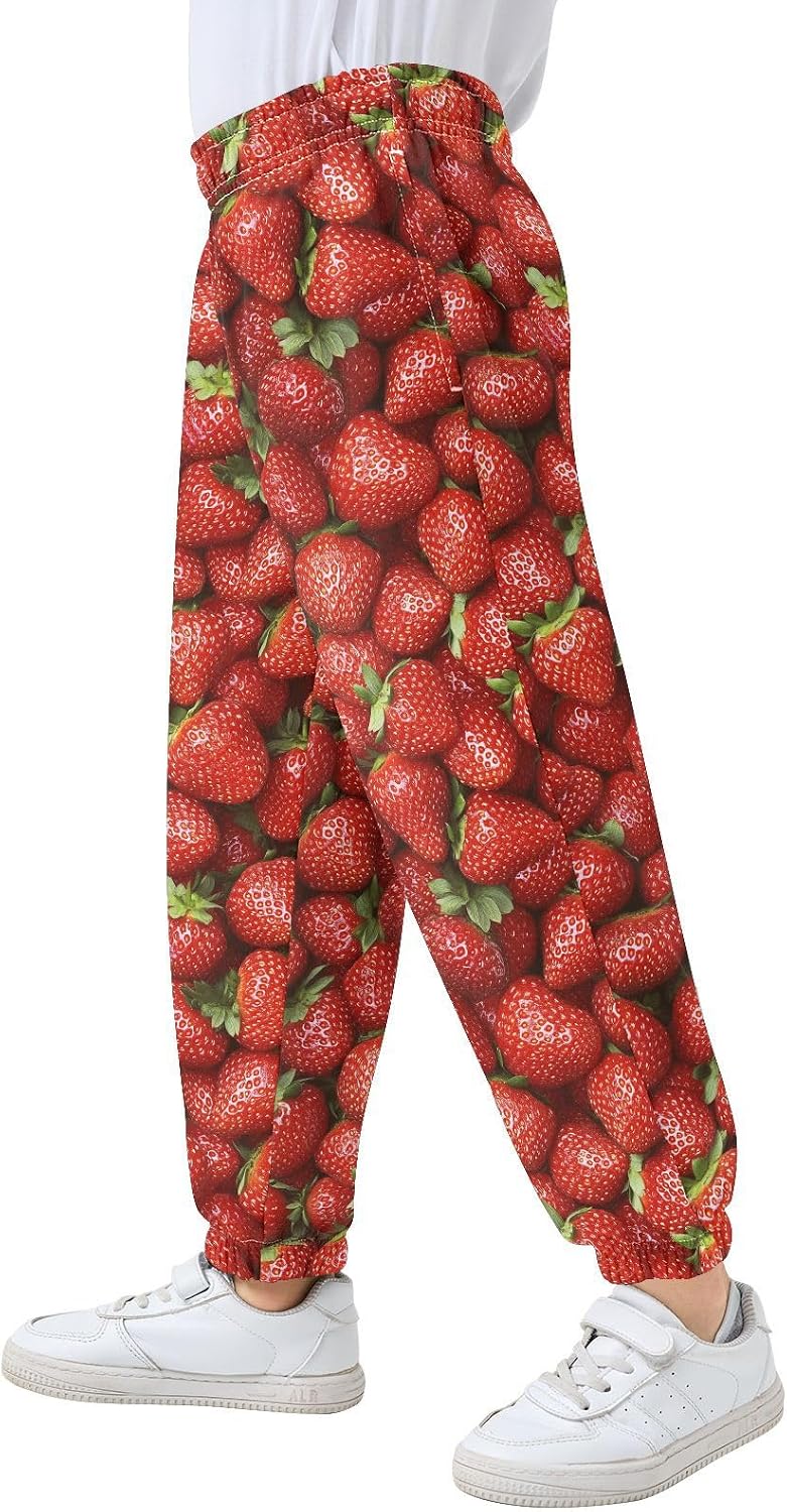 Boy Sweatpants Strawberry Fruits Red Joggers Casual Athletic Pants Kids Elastic Waist Cuffed with Pockets