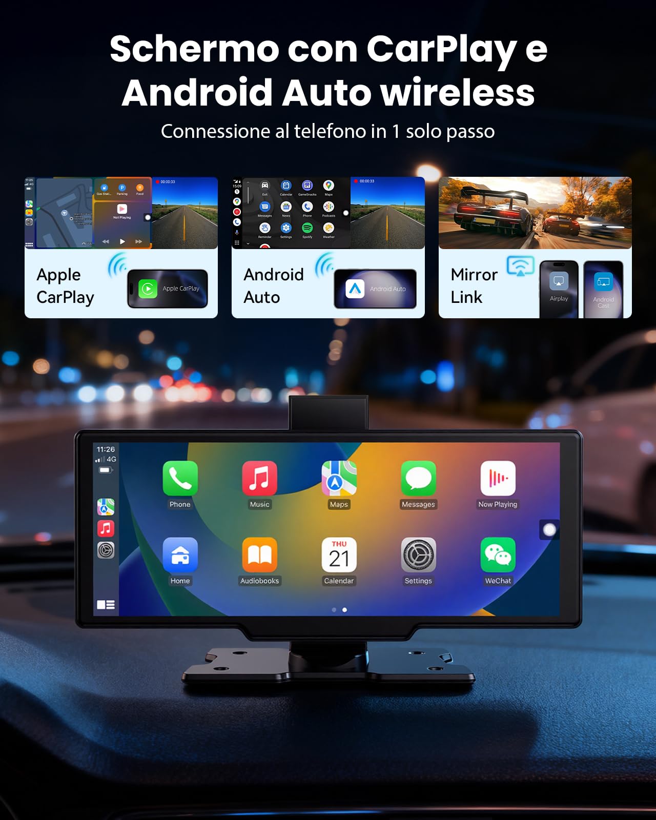 Schermo per Auto 10,26", Schermo Carplay Portatile Wireless per A-pple CarPlay & Android Auto con Tablet Auto Touchscreen IPS, GPS, Controllo Vocale, Bluetooth, Mirror Link, FM, AUX