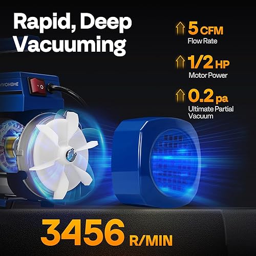 Miniatura 3 de VIVOHOME Kit de bomba de vacío HVAC de doble etapa de 110 V 12 HP 5CFM y manómetro de colector de CA, motor sin chispas para sistemas R32 R1234yf