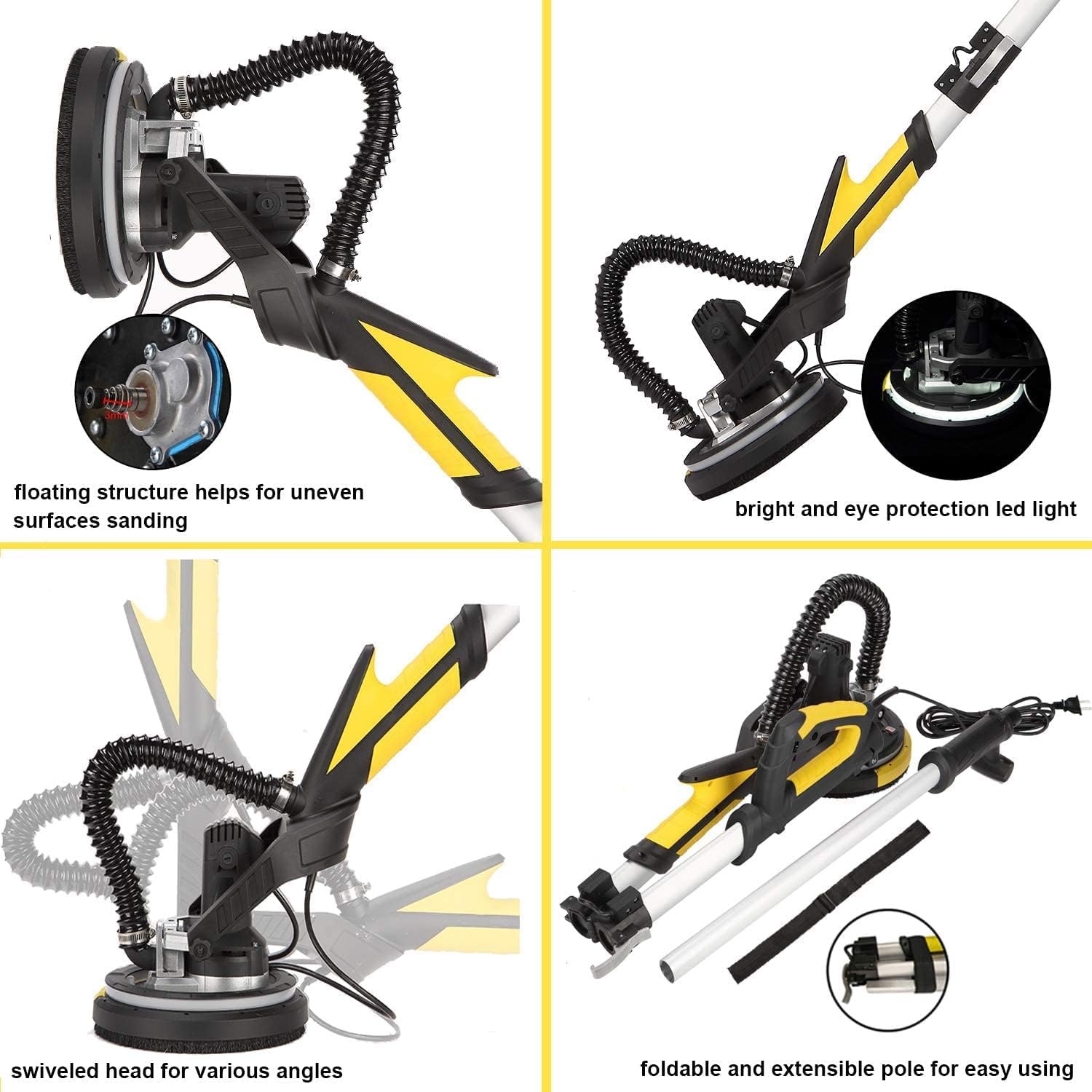 Drywall Sander with Vacuum, Labor-Saving Handle and Unique Fixture for Ceiling Sanding, Electric Drywall Sander with LED Light, ETL Listed, CUBEWAY - - 