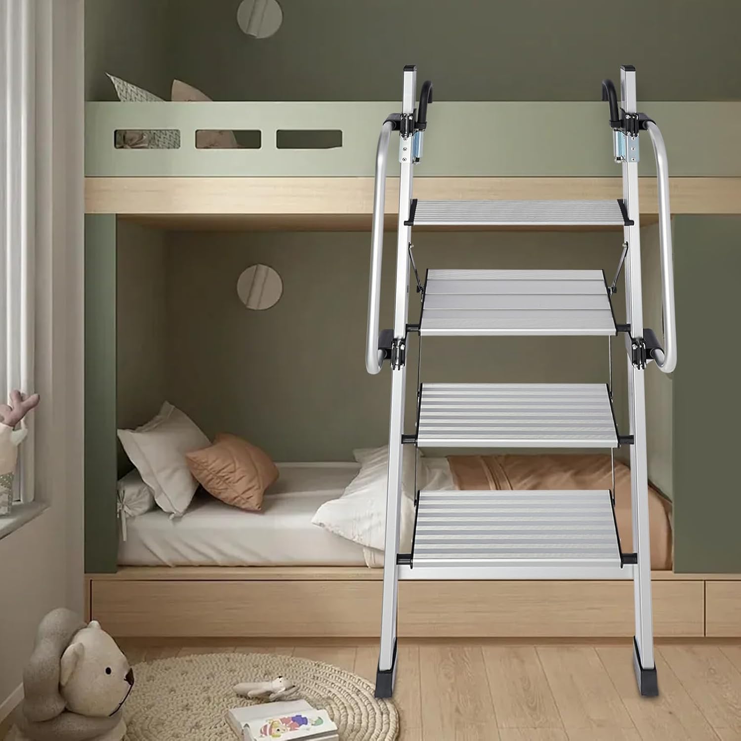 4-Step Aluminum Bed Ladder, Adjustable Loft Ladder with 5 Gears & Anti-Slip Pedals, 330 lbs Capacity & Foldable for Bunk Bed, Loft, RV