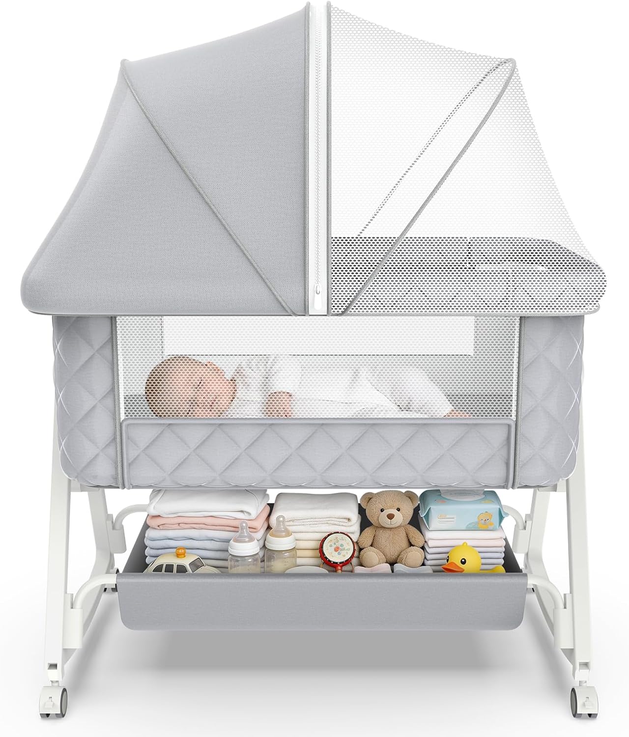 Baby Bassinet,5 in 1 Bassinet Bedside Sleeper, 6-Level Height Adjustment,Safe and Stable Portable Crib,Breathable net, Storage Basket, Mosquito net, Baby Crib for Newborn(Grey)