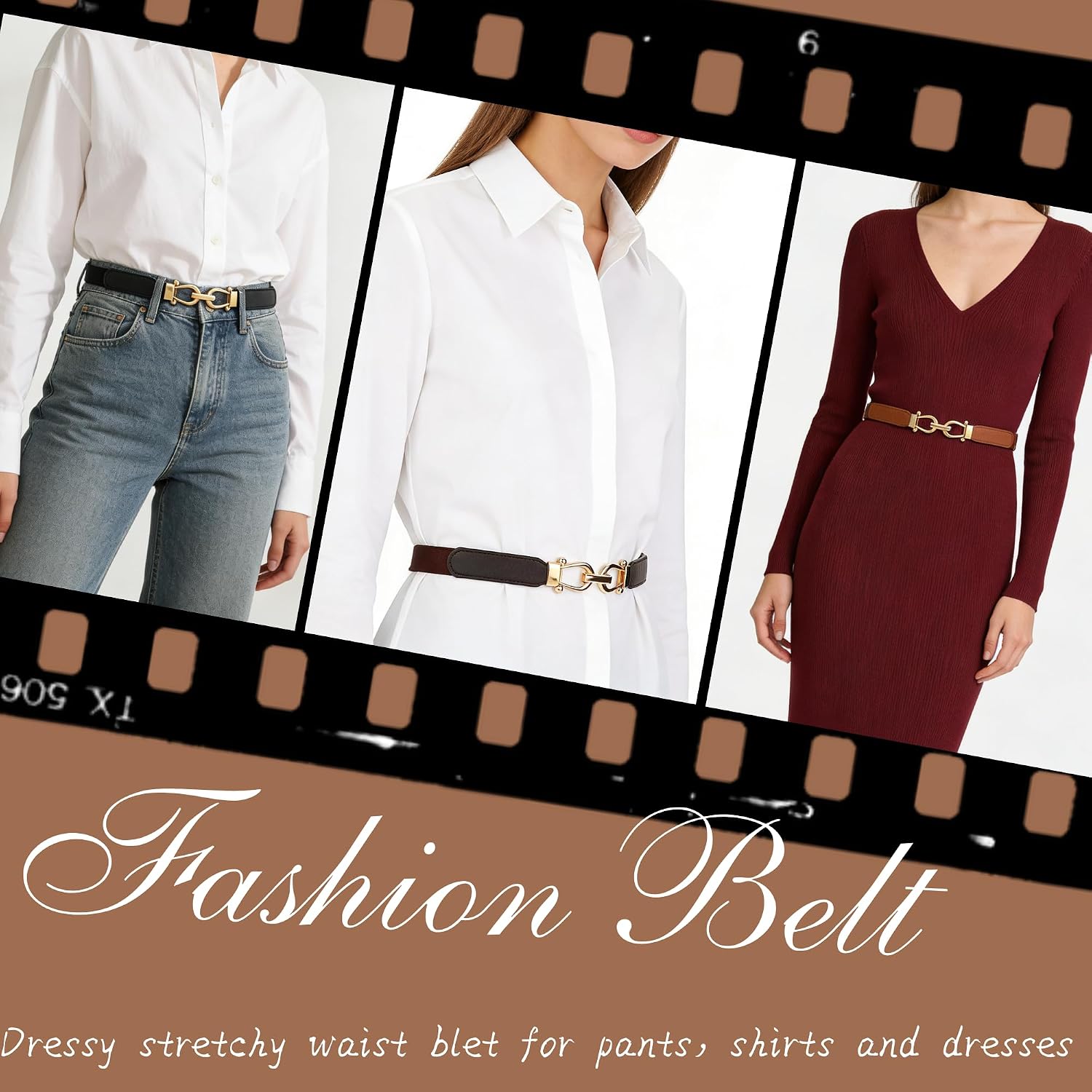 XEF Elastic Belt Trendy Womens Stretchy Belts for Dress Jeans Pants Skinny Belt with Gold Buckle