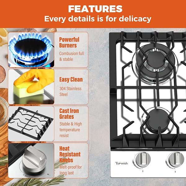 TOPWISH 12 Inch Gas Cooktop, 2 Burner Gas Stove Built-in Propane Stove Top with LPG/NG Convertible Dual Fuel Hob 18000BTU, Stainless Steel Stovetop Thermocouple Protect for Kitchen, Apartments, Rvs - 3