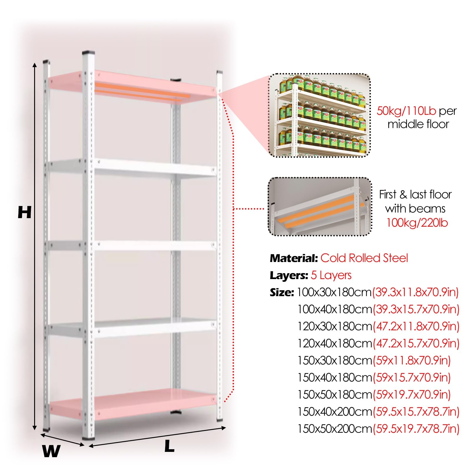 Scaffale a 5 ripiani per dispensa e mercato, ripiano Sto per bevande, giocattoli e altro, 150 x 40 x 200 cm / 59.5x15.7x78.7in, versatile