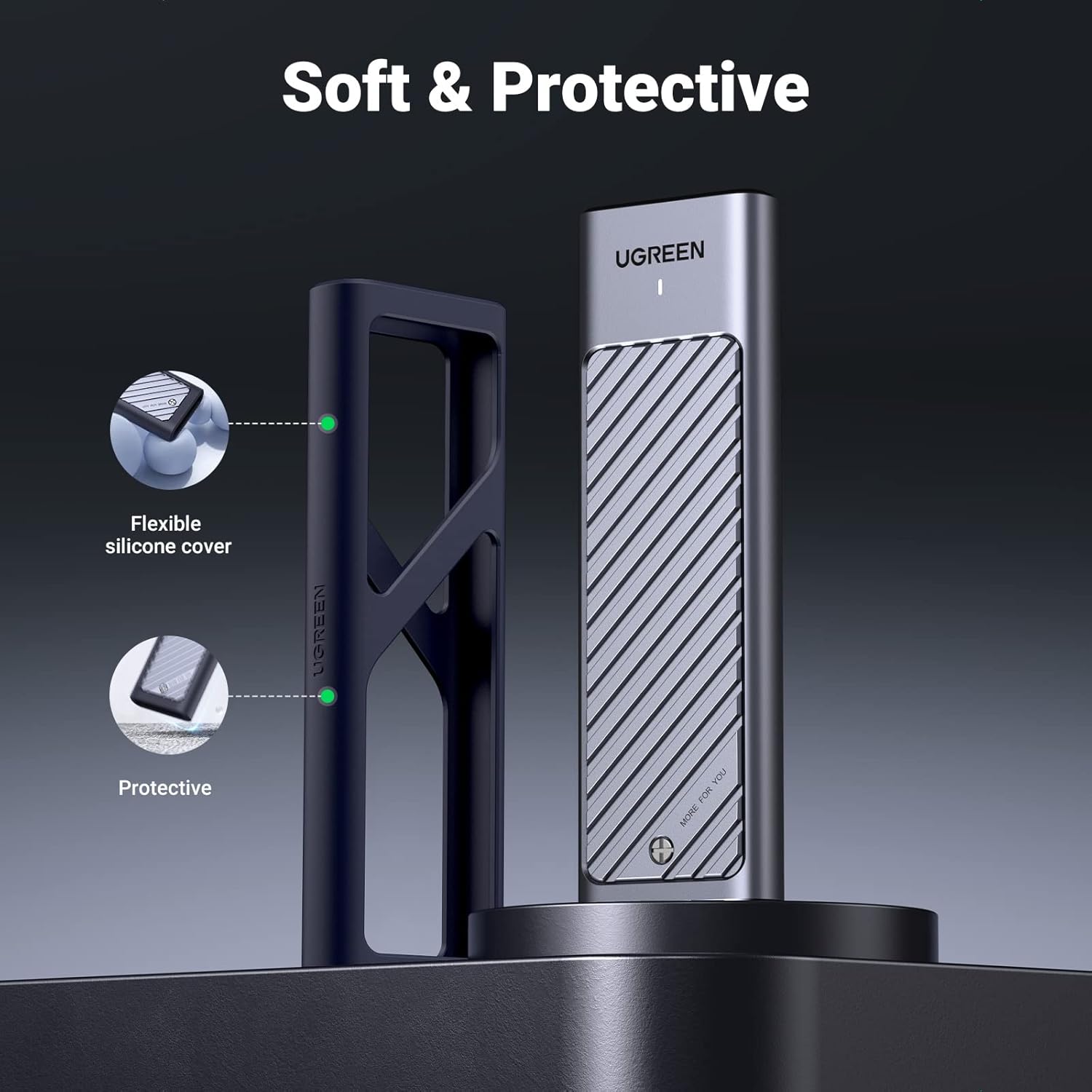 Laptop connected to the UGREEN enclosure, with icons for Windows, Linux, iOS, and Android, indicating plug & play functionality.