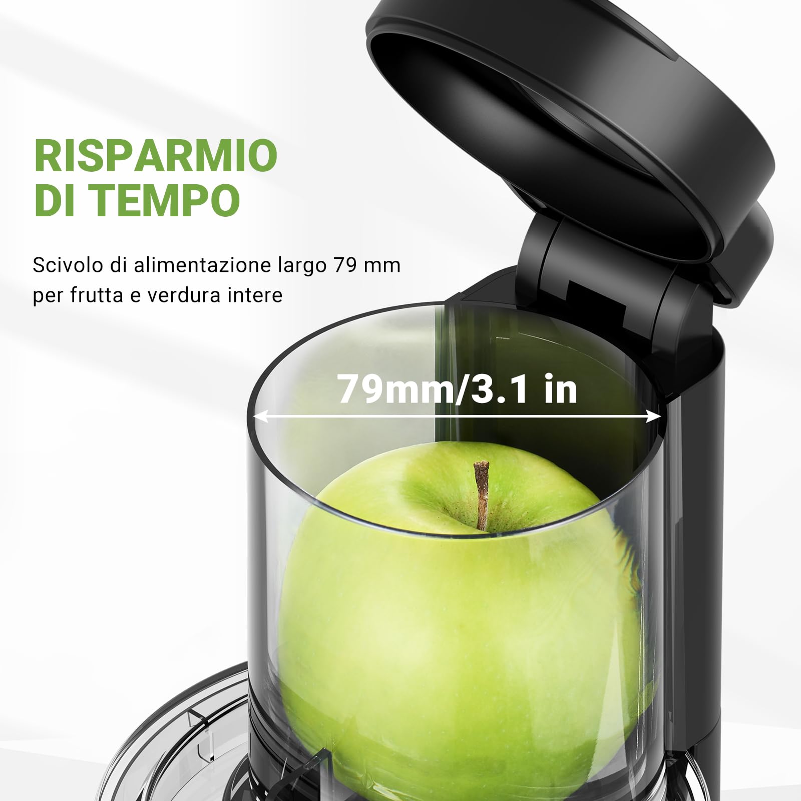 AMZCHEF Estrattore a freddo Professionale - Estrattore di Succo con Scivolo da 79mm per Frutta e Verdura Intere - Estrattori Durevole in Acciaio Inossidabile con Design Antigoccia, Coclea Grande