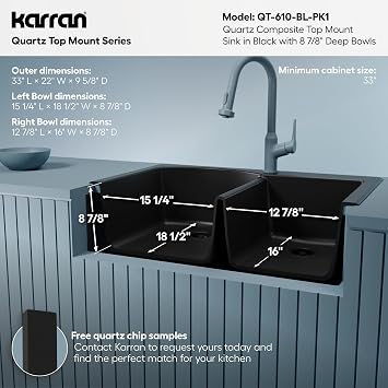 Karran 33 Top Mount Quartz Composite 60/40 Double Bowl Kitchen Sink Kit (Black)
