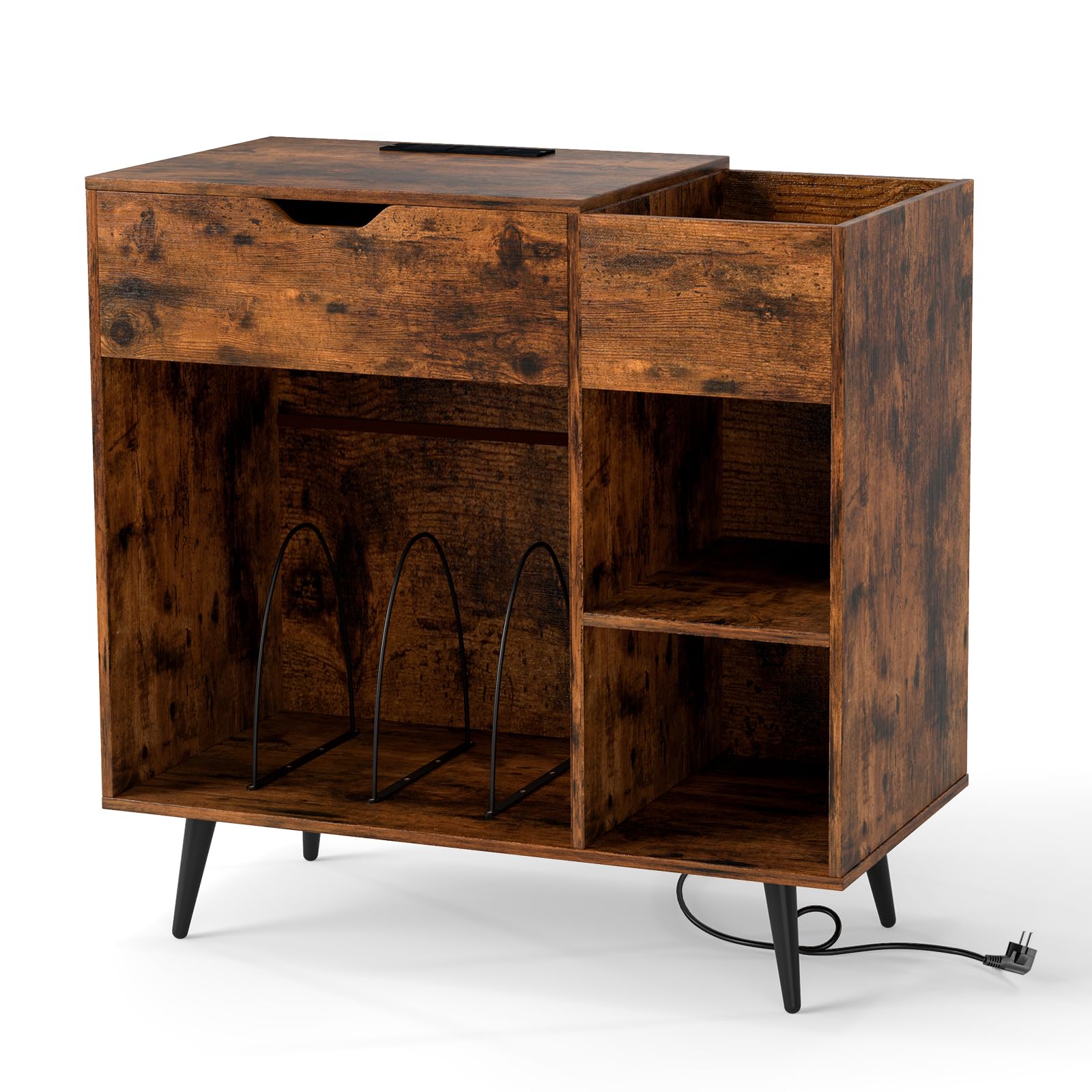 RELAX4LIFE Supporto per Giradischi con Stazione di Ricarica, Mobile Porta Dischi Multistrato, Espositore in Legno per Dischi per Ufficio, Soggiorno, 79,5 x 40 x 79 cm