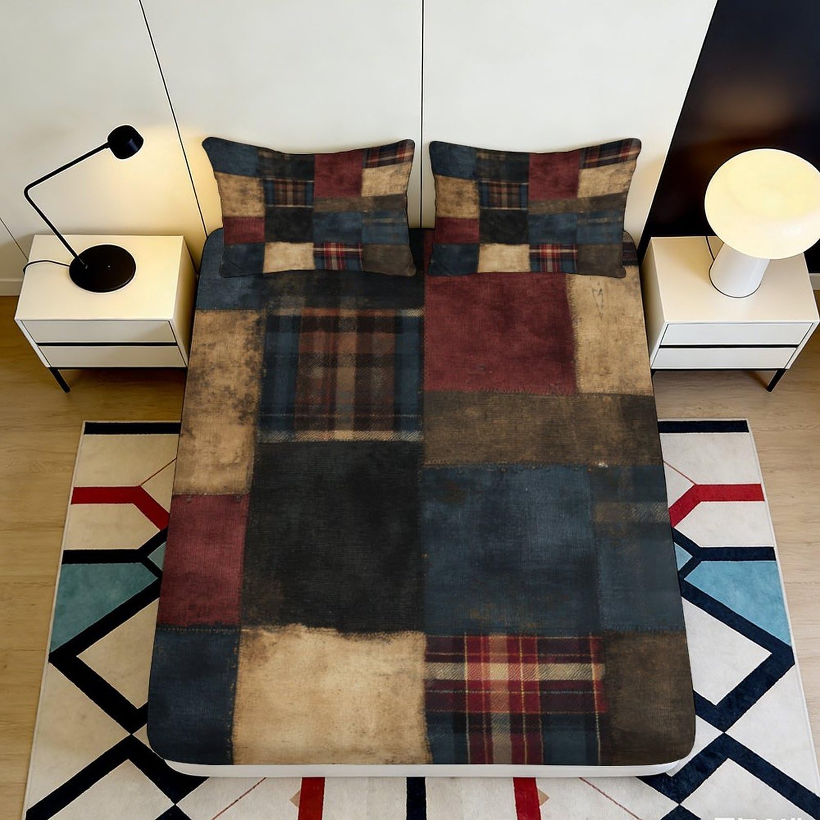 Jqzkxnhpbr Style-2 3D Printed Patchwork Plaid Fitted Sheet Microfiber Soft Breathable Vintage Squares Bed Cover For Bedroom Dorm Decor 90X200x25cm