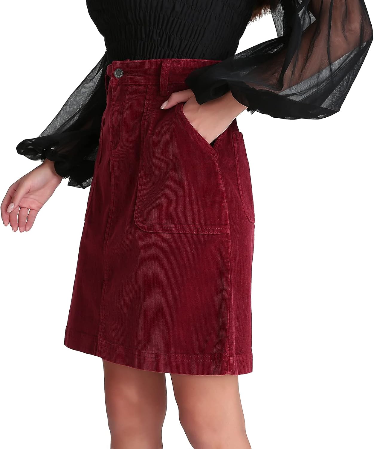 Women Corduroy Skirts Knee Length Ladies High Waisted Stretchy Denim Casual Mid Skirt Wiht Pockets