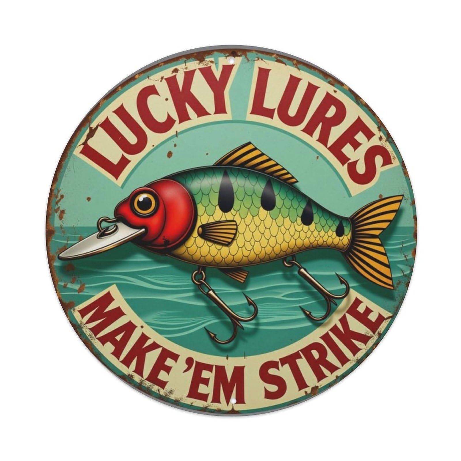 Vintage Fishing Lucky Lures Round Sign Vintage Aluminium Metal Sign, Retro Wall Decor for Home, Bar, Garage & Farmhouse 20x20cm