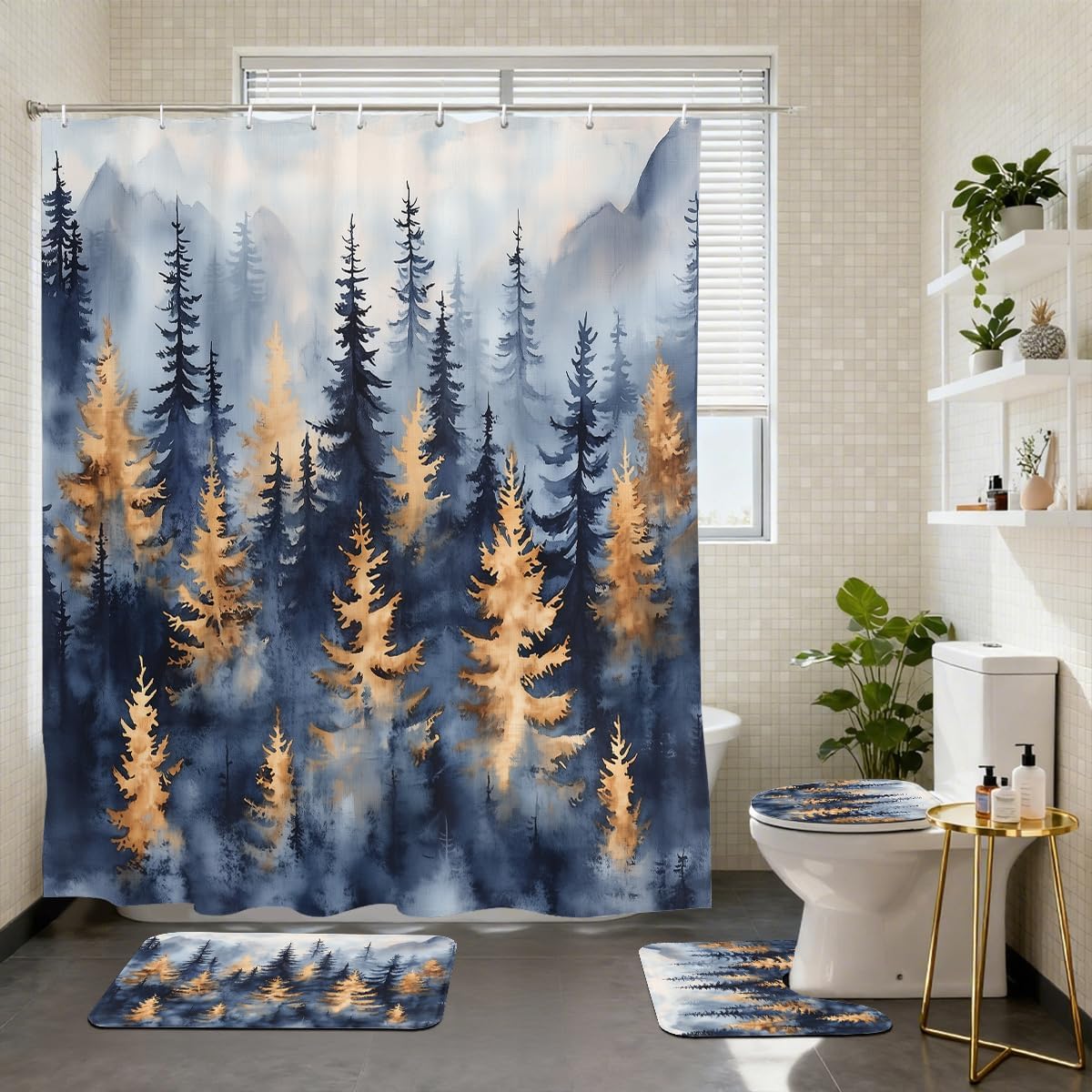 4 Piece Green Misty Forest Shower Curtain Set with Non-Slip Rugs,Toilet Lid Cover, Bath Mat Nature Tree Mountain Woodland Bathroom Decor Set Accessories with 12 Hooks, 72 x 72 Inch