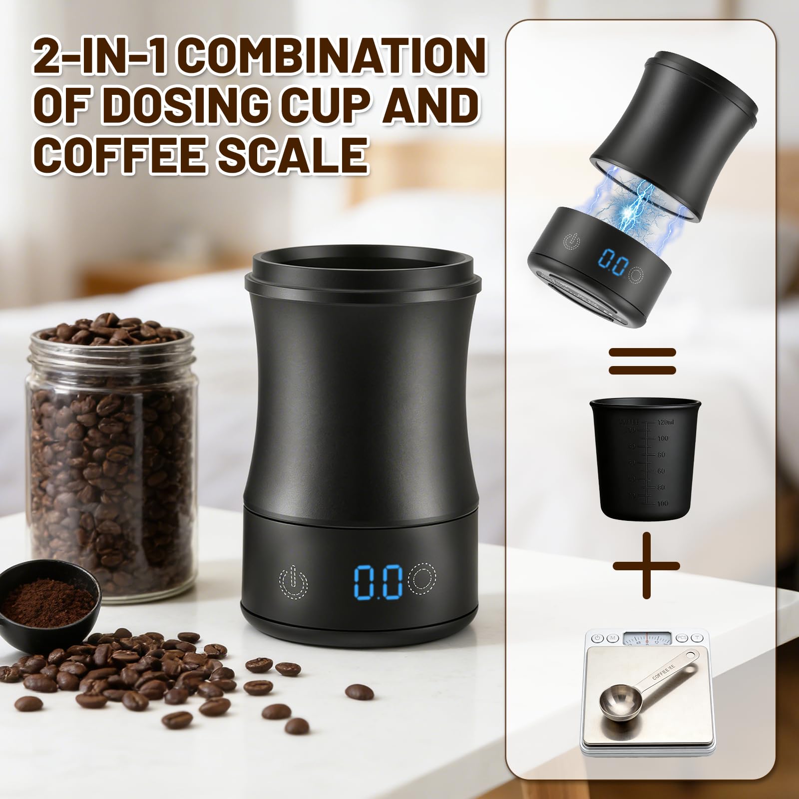 Bilancia da Caffè Espresso – Coffee Scale con Doseur 53 mm, Bilancia Digitale Ricaricabile USB‑C, Precisione 0,1 g / 500 g, Design Split, Accessorio Barista Compatto per Professionisti e Appassionati