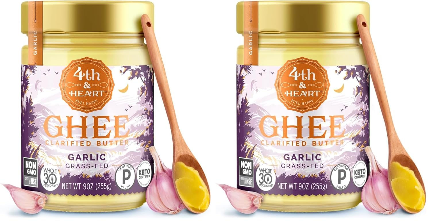 4th & Heart California Garlic Grass-Fed Ghee, Clarified Butter, 1:1 Butter Substitute, Pasture-Raised, Lactose & Casein Free, 9 oz