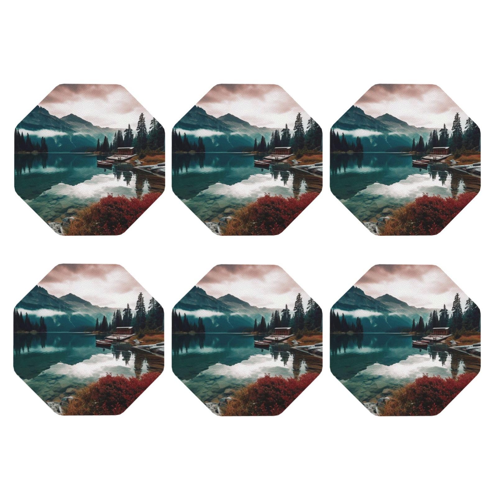 6pcs Leather Coasters for Drinks, Scenic Lake Drink Coasters for Tabletop Protection, 4" Cup Coasters for Coffee Table Decor, Non-Slip Drinking Cup Mat for Hot Or Cold Drink