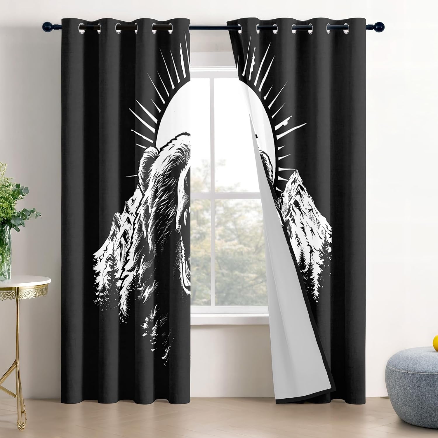 Bear Curtains 63 Inch Length - Black and White Wild Animal Grizzly Patterned Blackout Curtains for Living Room Bedroom, Room Darkening Grommet Drapes Window Treatments, 2 Panel Set