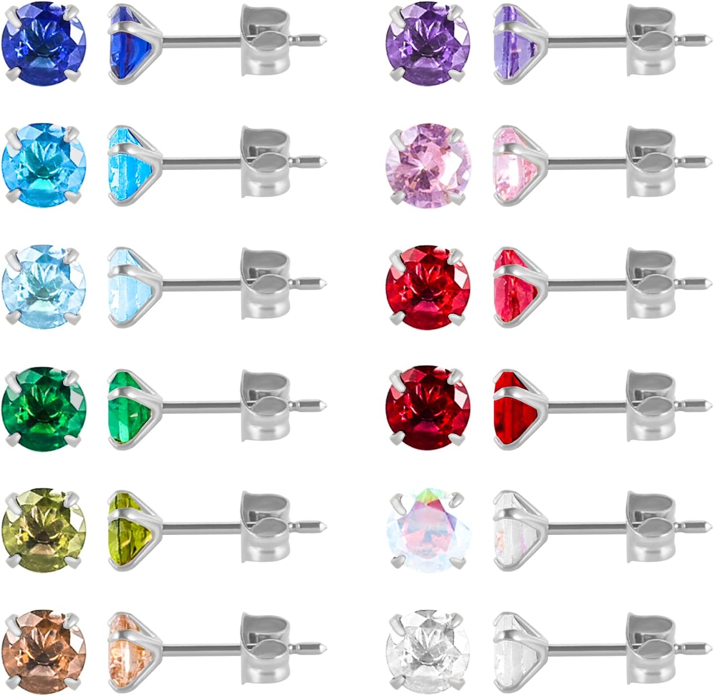 12 Pairs 18K Gold Plated Surgical Stainless Steel Stud Earrings, Star Heart Square Stud Earring for Women, Cubic Zirconia Birthstone Stud Earrings Set
