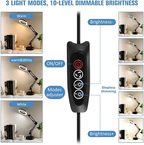 Miniatura 3 de LANCOSC Lupa 2 en 1 con luz y soporte, lente de cristal real 10X, 3 modos de color, regulable, ajustable con luz LED, lámpara de escritorio con