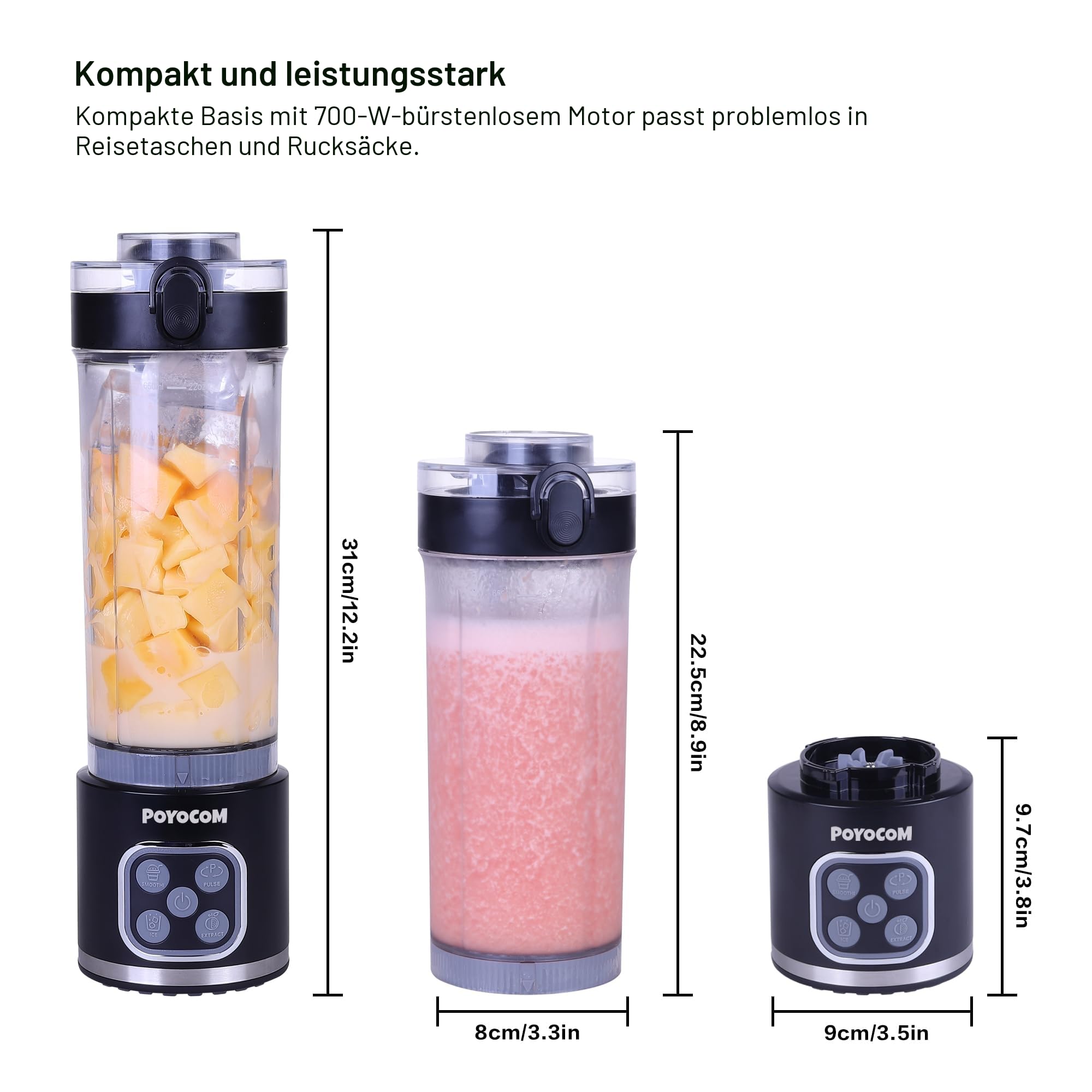 Mini-Standmixer und Smoothie-Maker, 750 ml abnehmbarer Behälter, 700W tragbarer Mixer, für Smoothies, Ice Crush, auslaufsicherer Deckel und Trinkschnabel, wiederaufladbar über USB-C, Schwarz