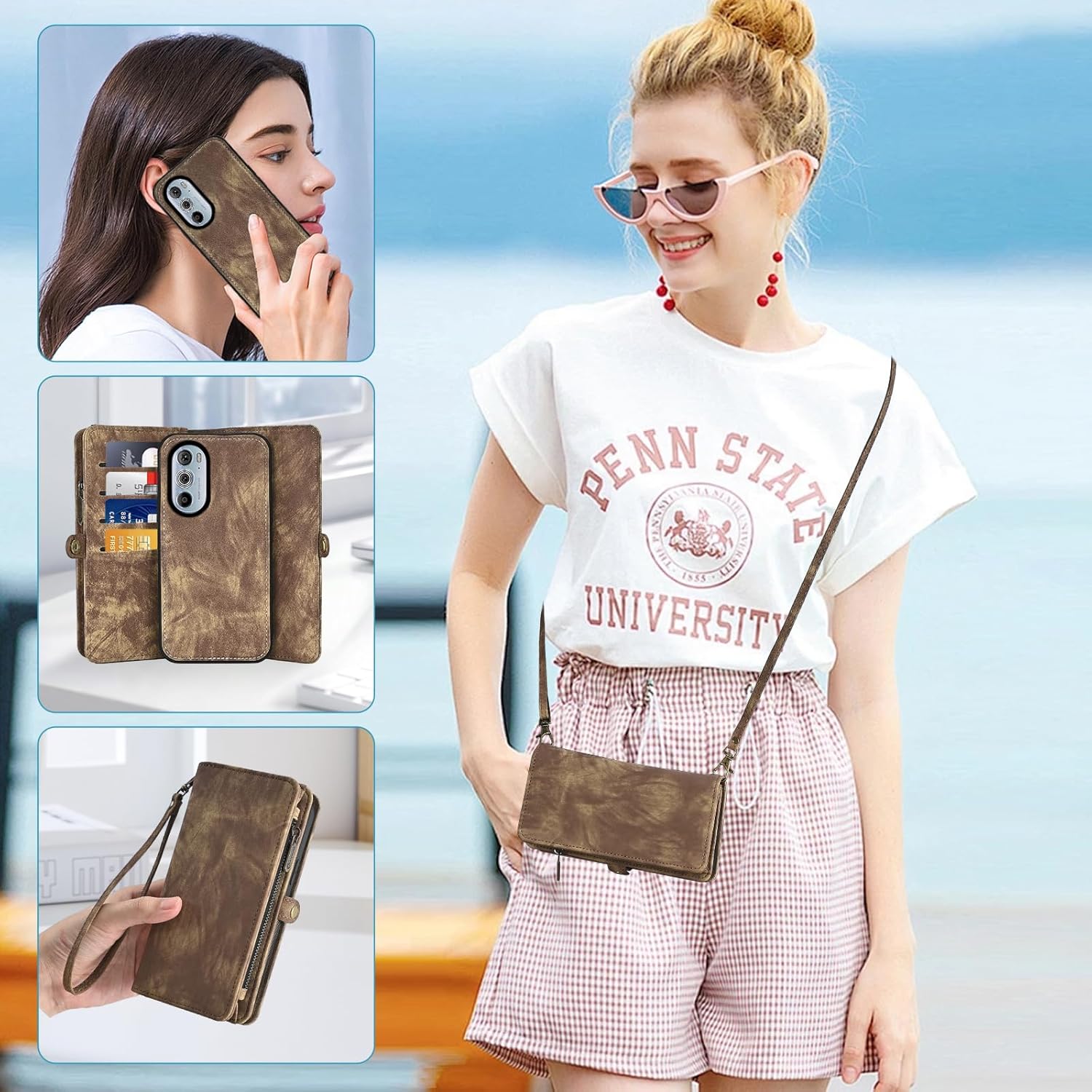 Asuwish Phone Case for Motorola Edge+ Plus 2022/Edge X30/30 Pro Zipper Wallet Detachable Cell Cover with Tempered Glass Screen Protector Crossbody Strap Flip Card Holder Moto Edge + 5G UW Women Brown