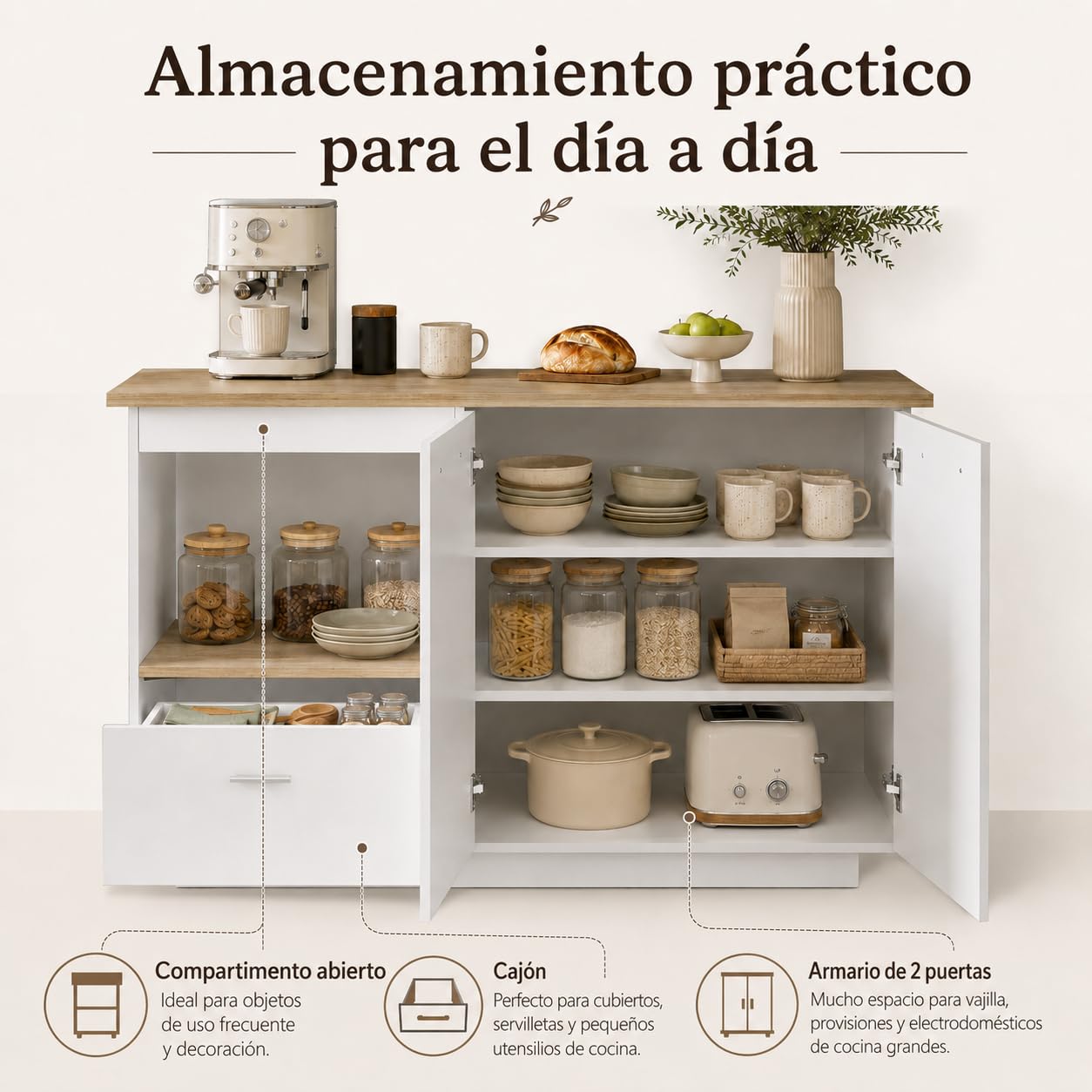 Isla de Cocina Blanca 150cm con Encimera – Buffet de Cocina con Barra de Desayuno, Cajón, 2 Puertas & Vinoteca Abierta – Mueble Buffet para Cocina & Comedor, 150×91×80cm
